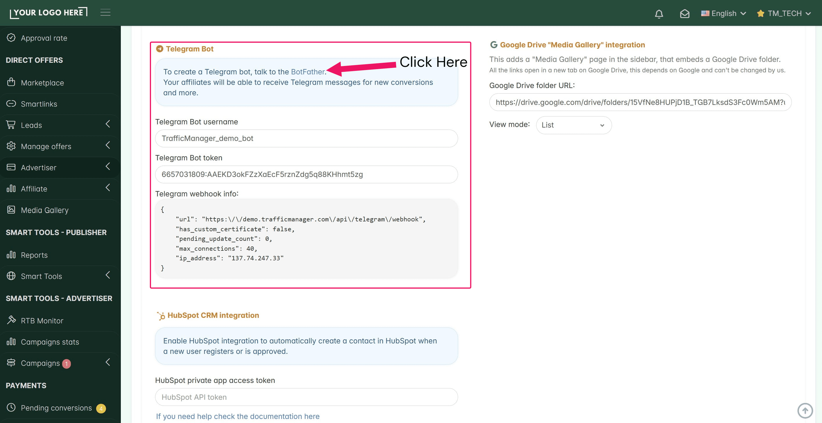 **Telegram Bot:** You can create a Telegram bot to send automatic alerts to your affiliates. They can receive messages about new conversions and other important updates directly on their phones.