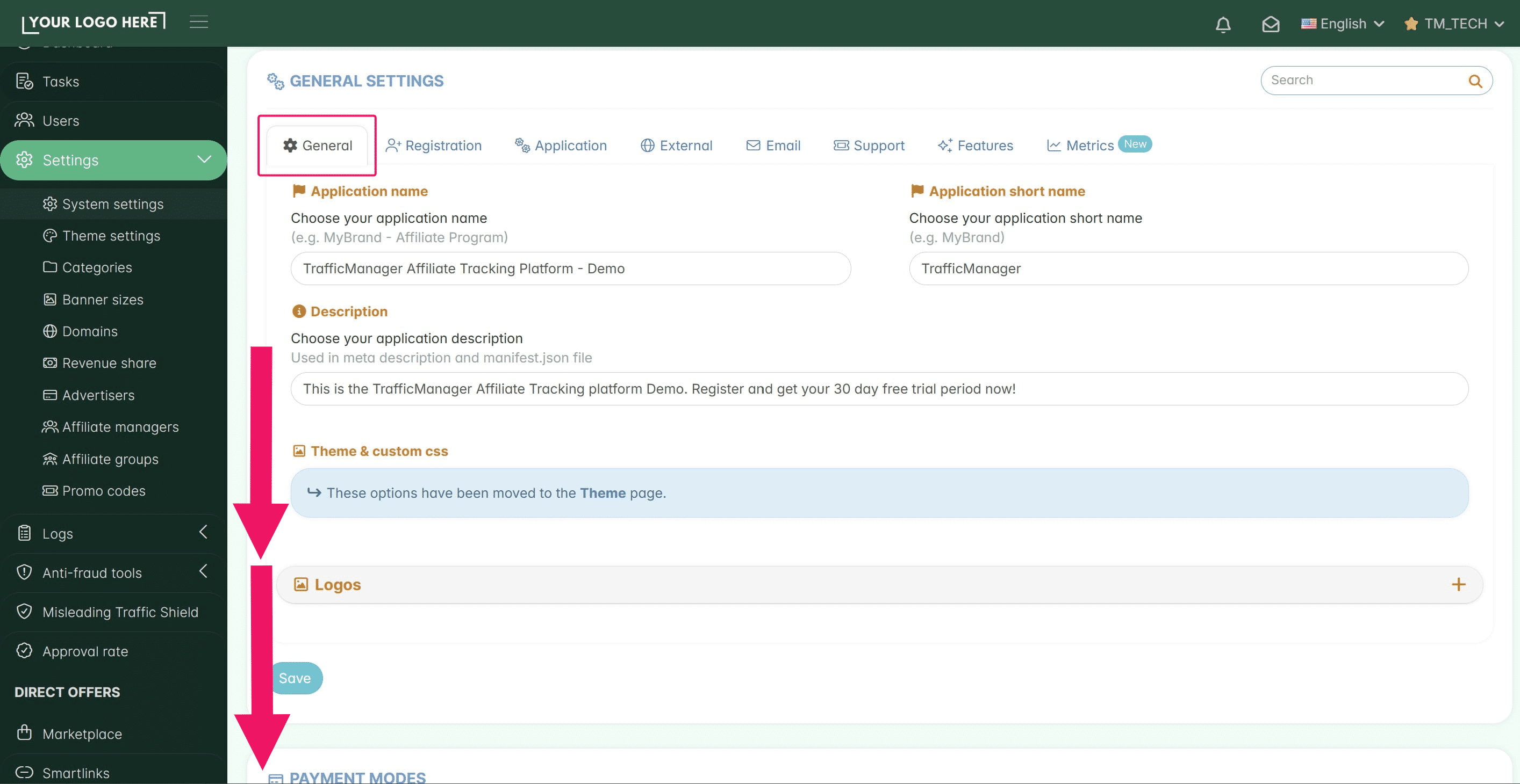 ## **3. Affiliate Payment modes, Company Information & Legal Pages.**
&nbsp;
Open the **System settings**
 page again and scroll down within the *General tab* to find the affiliate **Payment Modes** (*profiles*) and the **Company info** section.