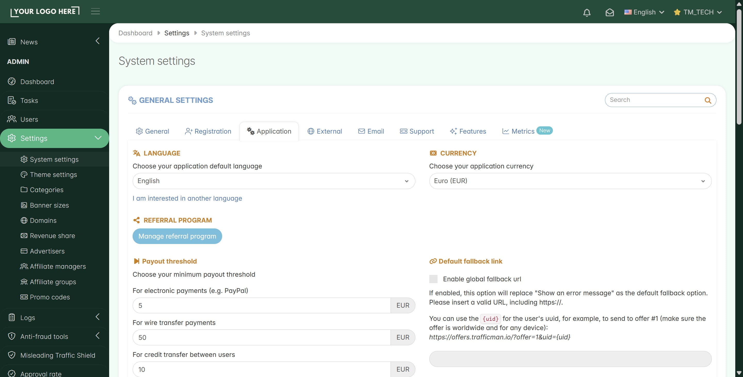 ## **5. Application Tab (Default Settings)**
&nbsp;
*The Application tab is where you set the "rules" for the affiliate accounts. These settings will apply to everyone who joins your affiliate network.*
