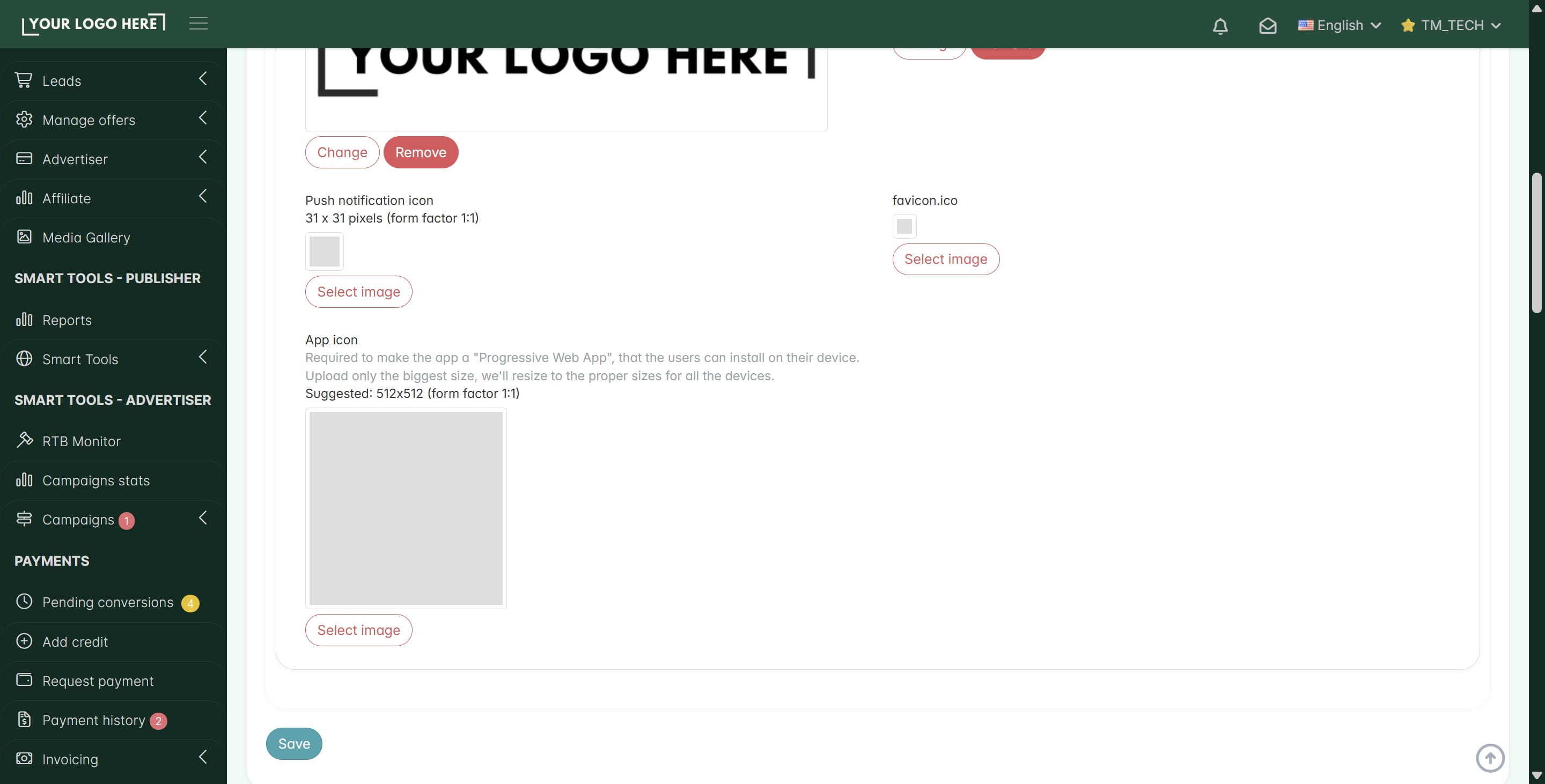 Click on **Save**.
*Info: The new logos should appear instantly.*