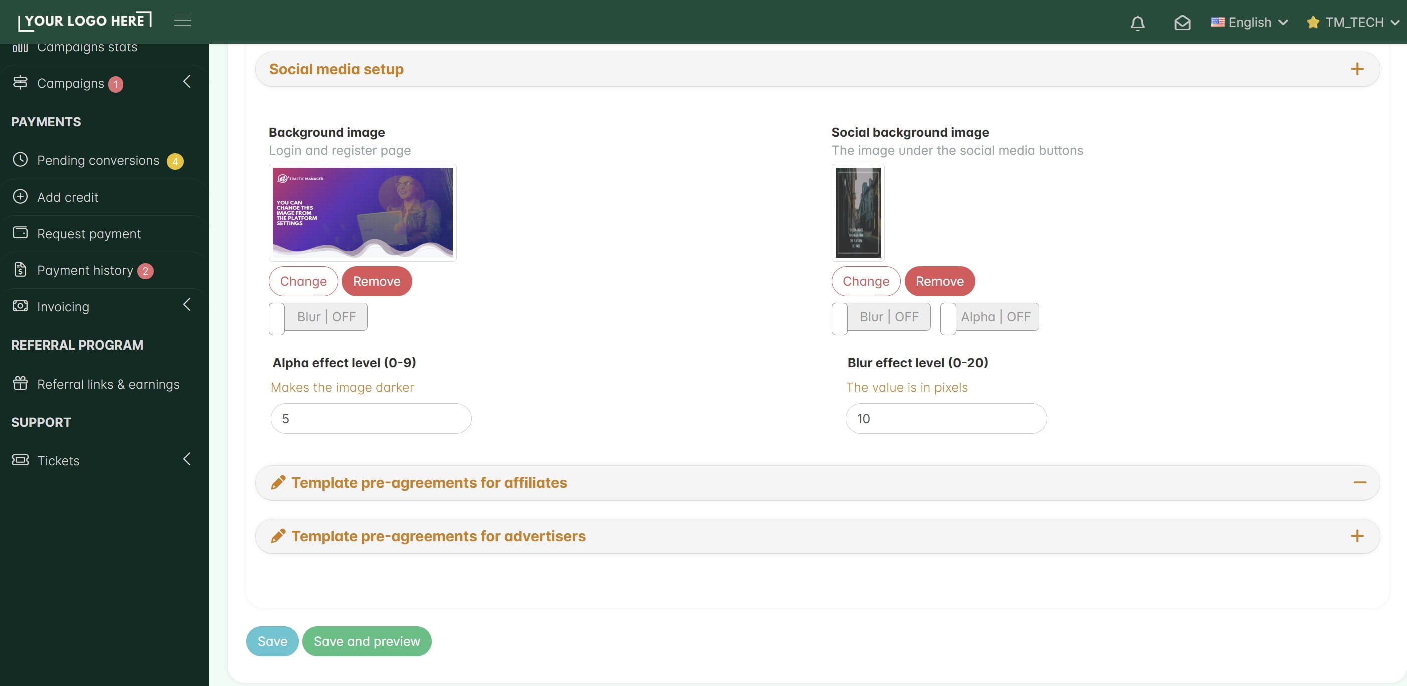 To activate the agreement template in your platform, **open the Pre-Agreement section**.