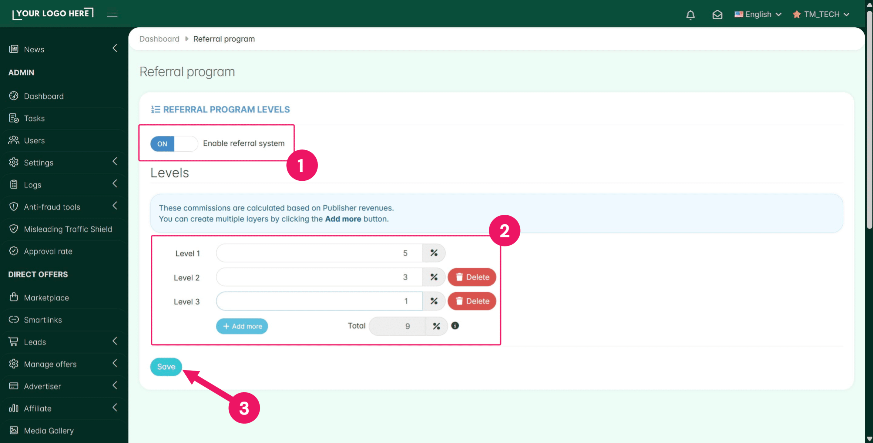 **Activate it from this page and set up the bonus percentage** that affiliates will earn for their referrers' activity.
&nbsp;
*Note: This feature works on a single layer or multiple layers (Levels). The percentage is calculated based on the payout of the invited affiliate.*