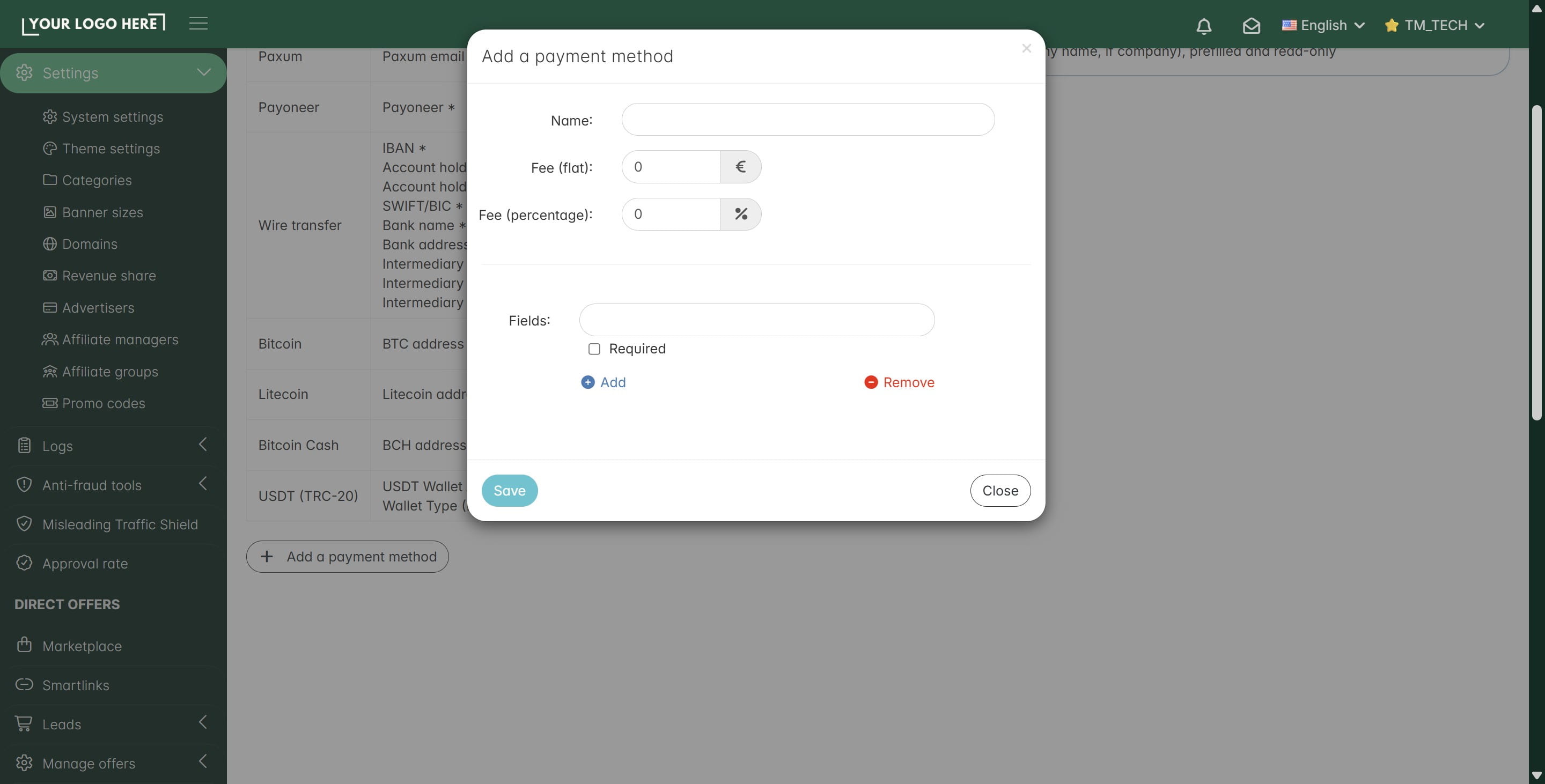Here you can set up the new payment profile name and the fields that the affiliate needs to fill. You can also add fees that will be deducted from the affiliate's credit if you need to cover your own payment processing fees.