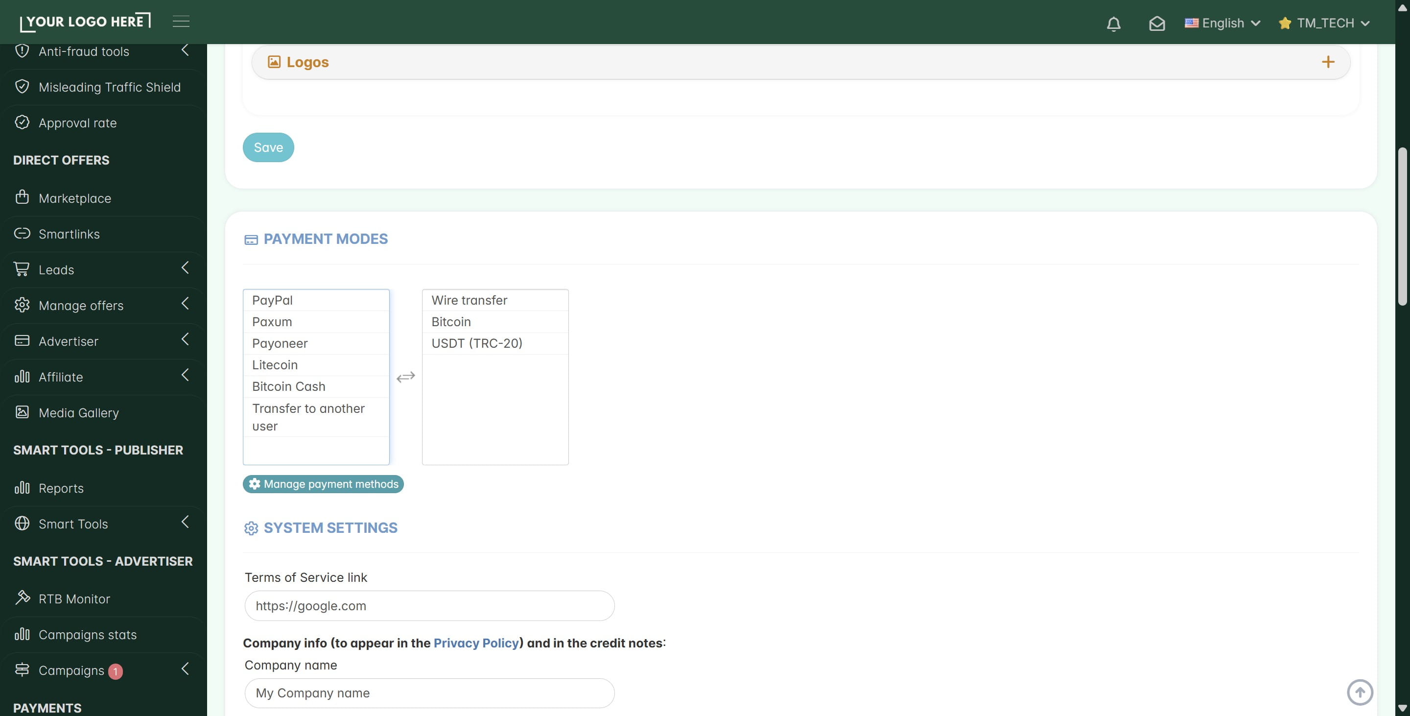 To create a custom "container" for your affiliate payment data, click on the **Manage Payment Methods button.**
