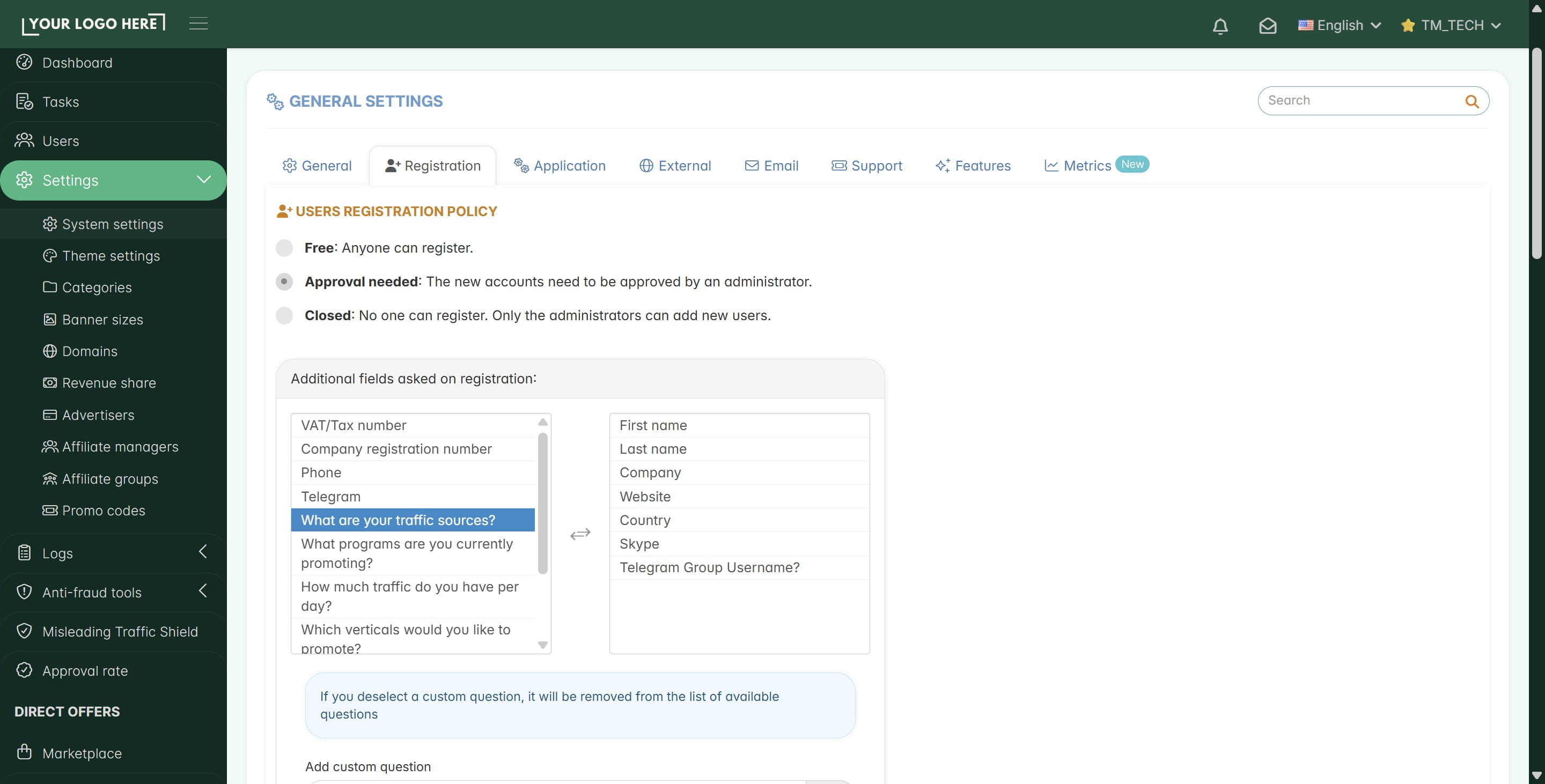 ## Here you can: 
**- change your user registration policy,**