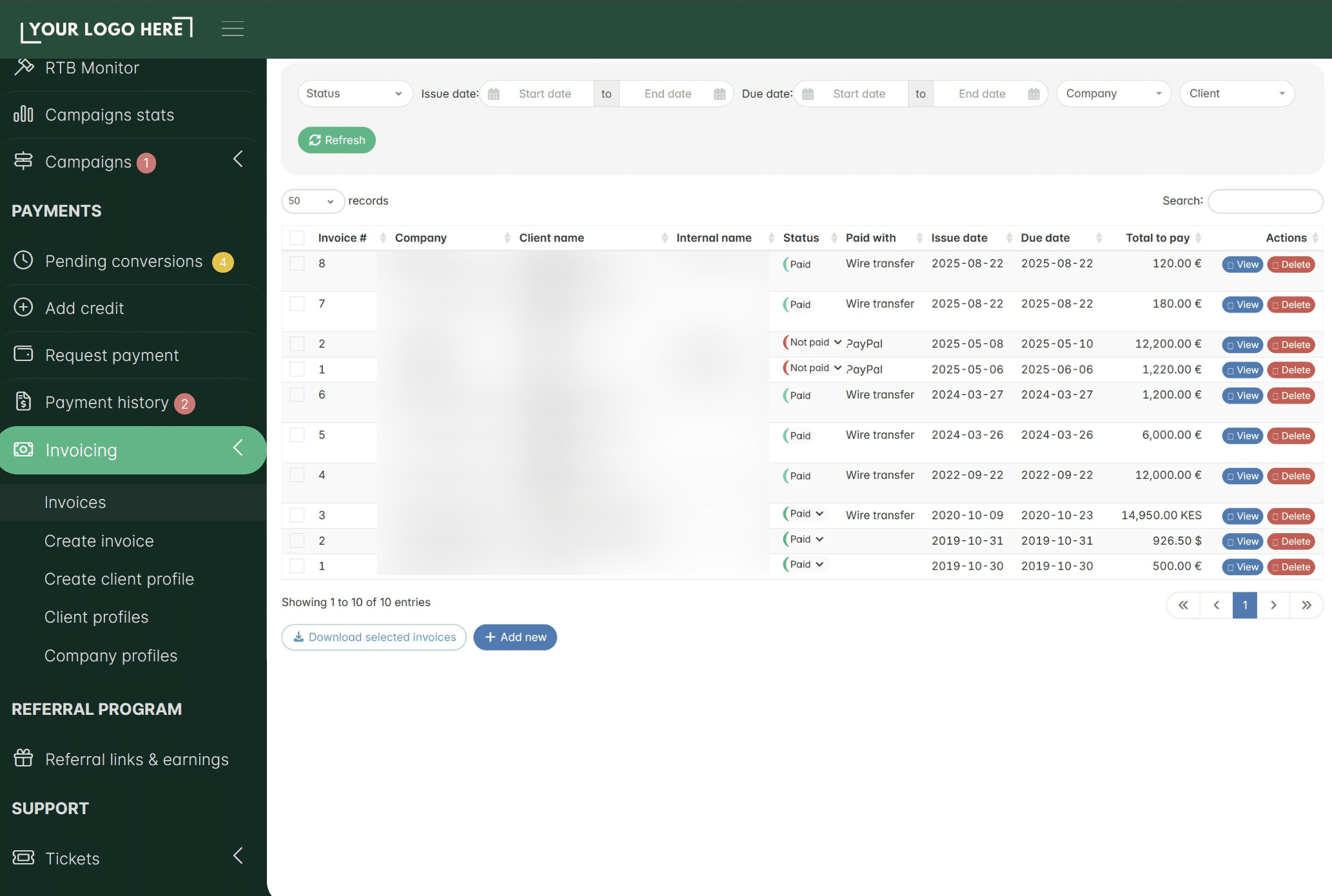 The same company details will also be used to **auto-generate invoices once an advertiser loads funds** into their account (**prepay**), or every time you generate an invoice for an external partner using the **invoicing feature**. 
&nbsp;
This feature is located in the left menu of your **Admin Panel → Payments → Invoicing** (if you choose to use either of these two features).