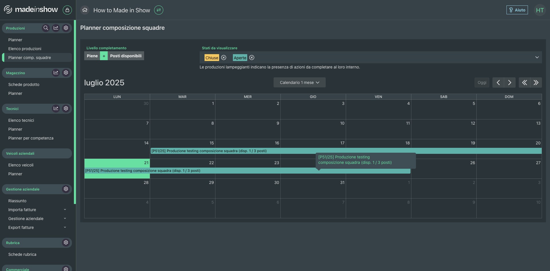 Per il service sarà possibile monitorare tutte le composizioni squadre tramite il calendario specifico "Planner composizione squadre"