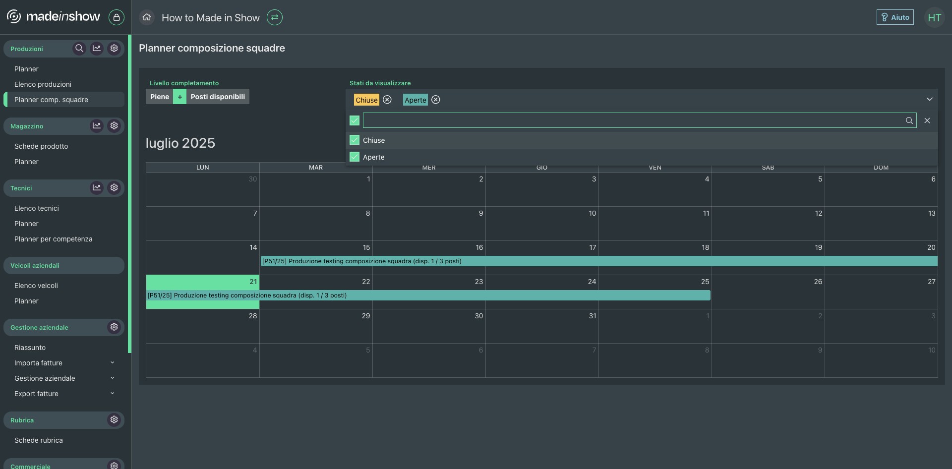 Da questo planner sarà poi possibile anche filtrare le composizioni squadre per "Aperte" o "Chiuse"