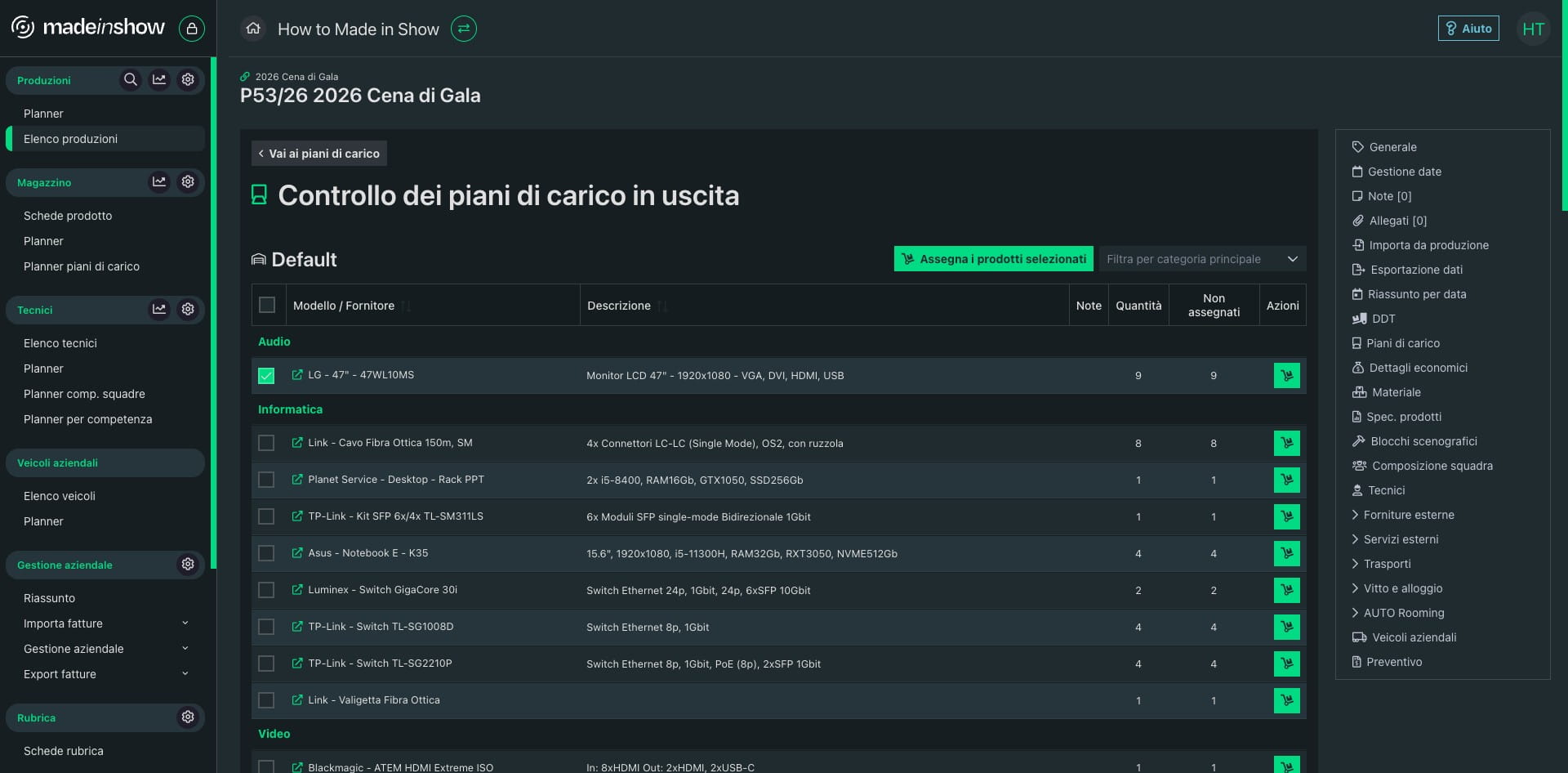 Seleziona tramite le checkbox il materiale interessato e clicca su "Assegna i prodotti selezionati"