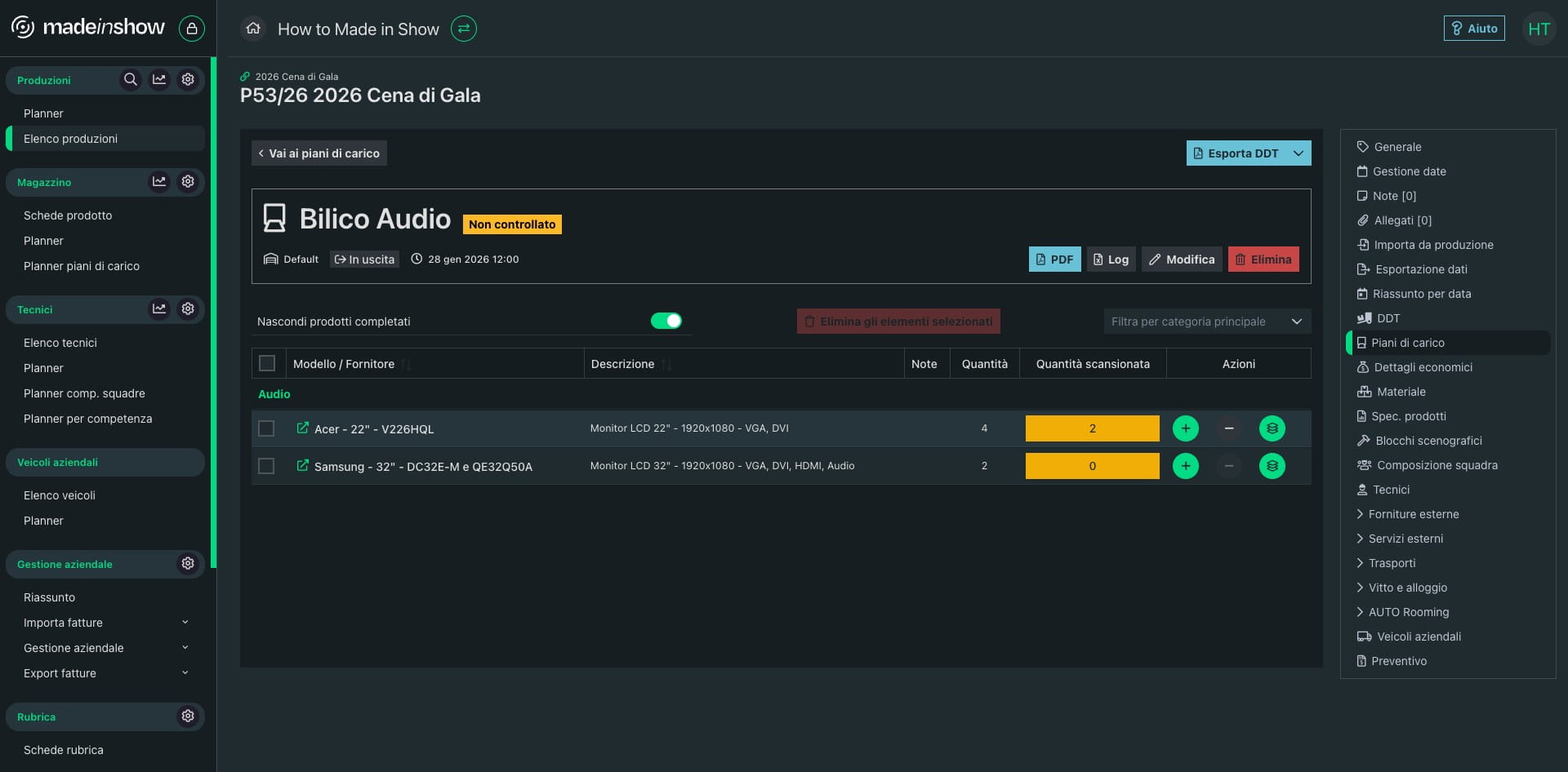 Cliccando su "Log" puoi esportare il log di tutte le operazioni effettuate in questo piano di carico