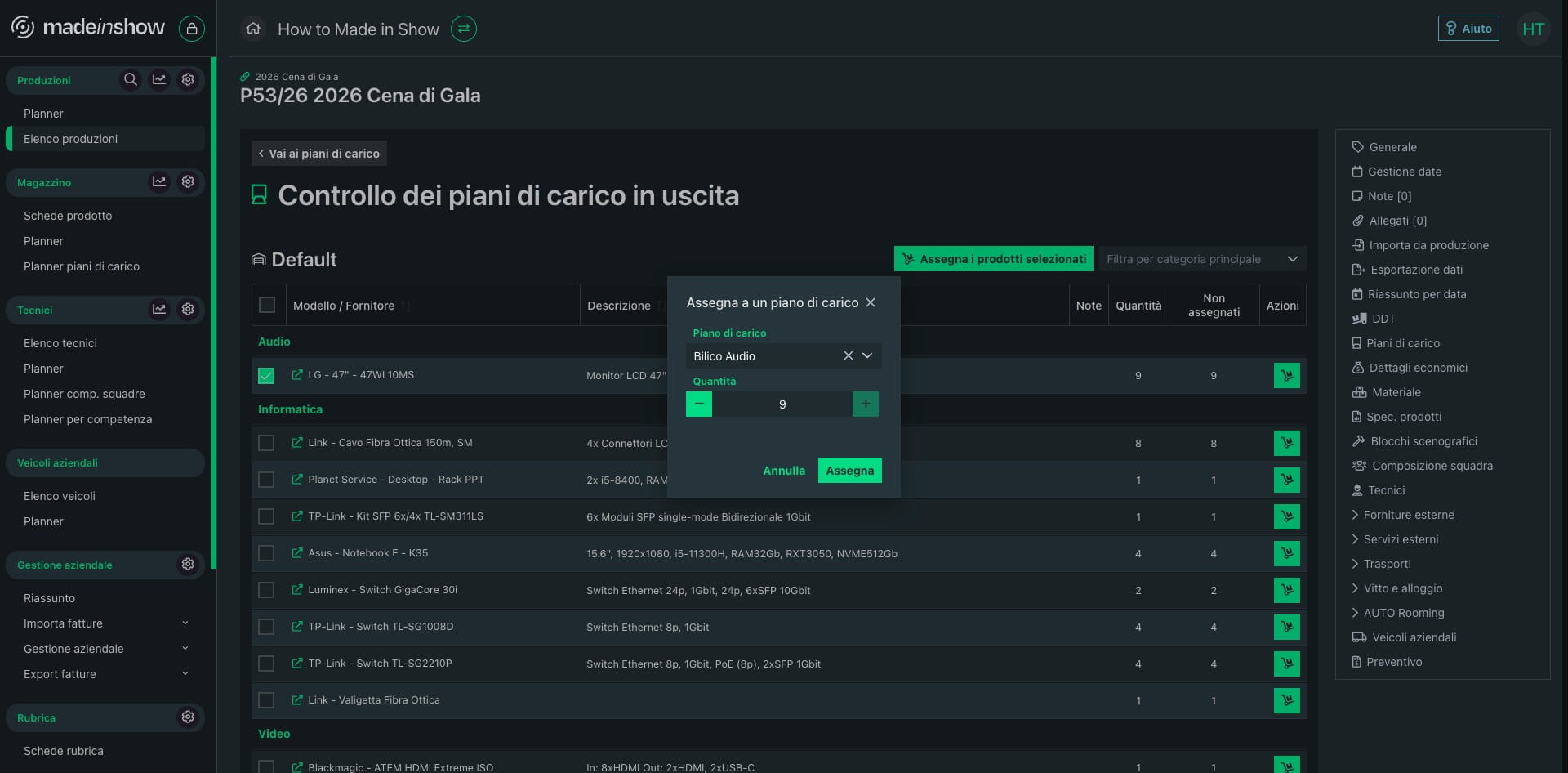 Tramite la finestra che si apre, scegli il piano di carico che ti interessa integrare, poi clicca su "Assegna"