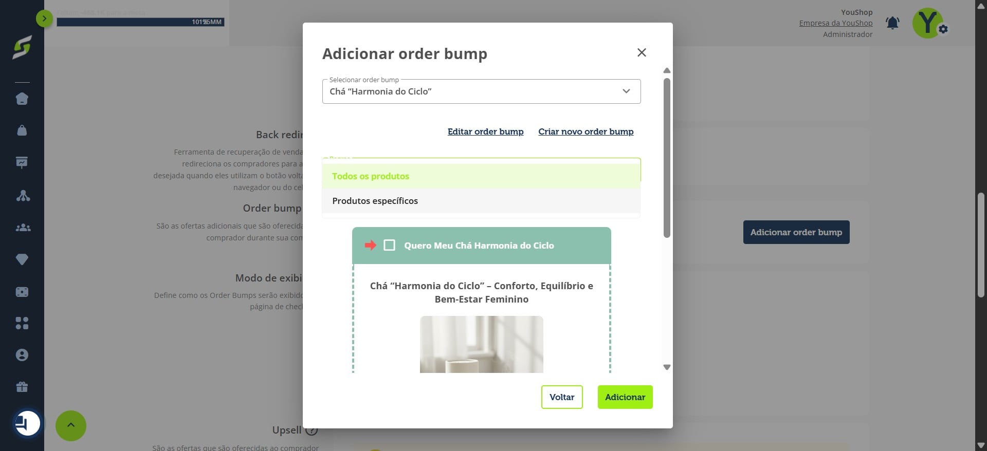 Defina se esse Order Bump será exibido para **todos os produtos** ou apenas para **produtos específicos**.