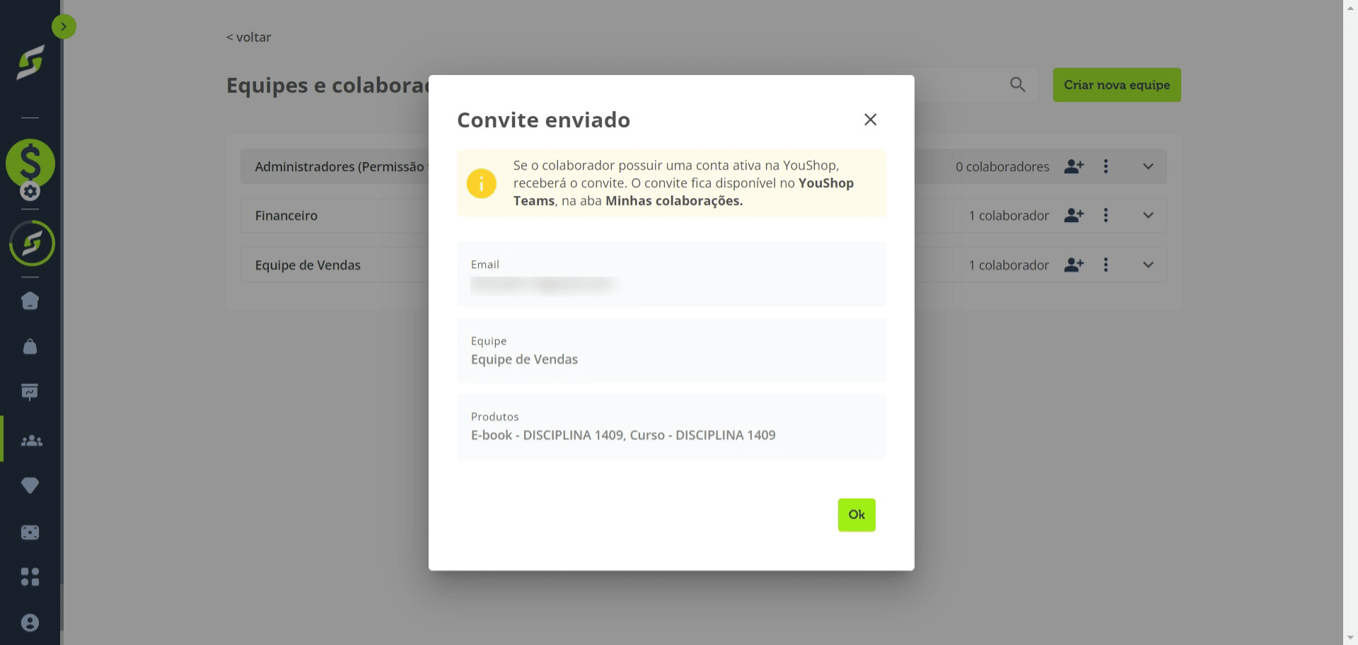 Pronto! Você verá o resumo do convite enviado, e o colaborador receberá um e-mail com as instruções para acessar a plataforma.
