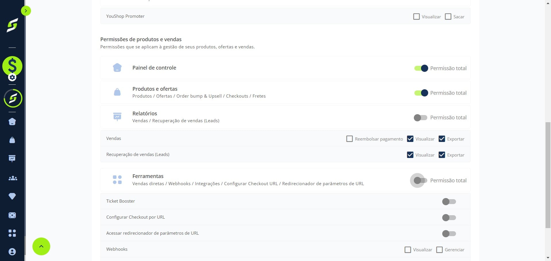Defina as configurações e permissões da equipe.