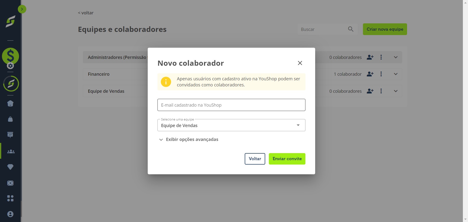 Insira o e-mail do colaborador (deve ser o mesmo e-mail utilizado no login da YouShop).