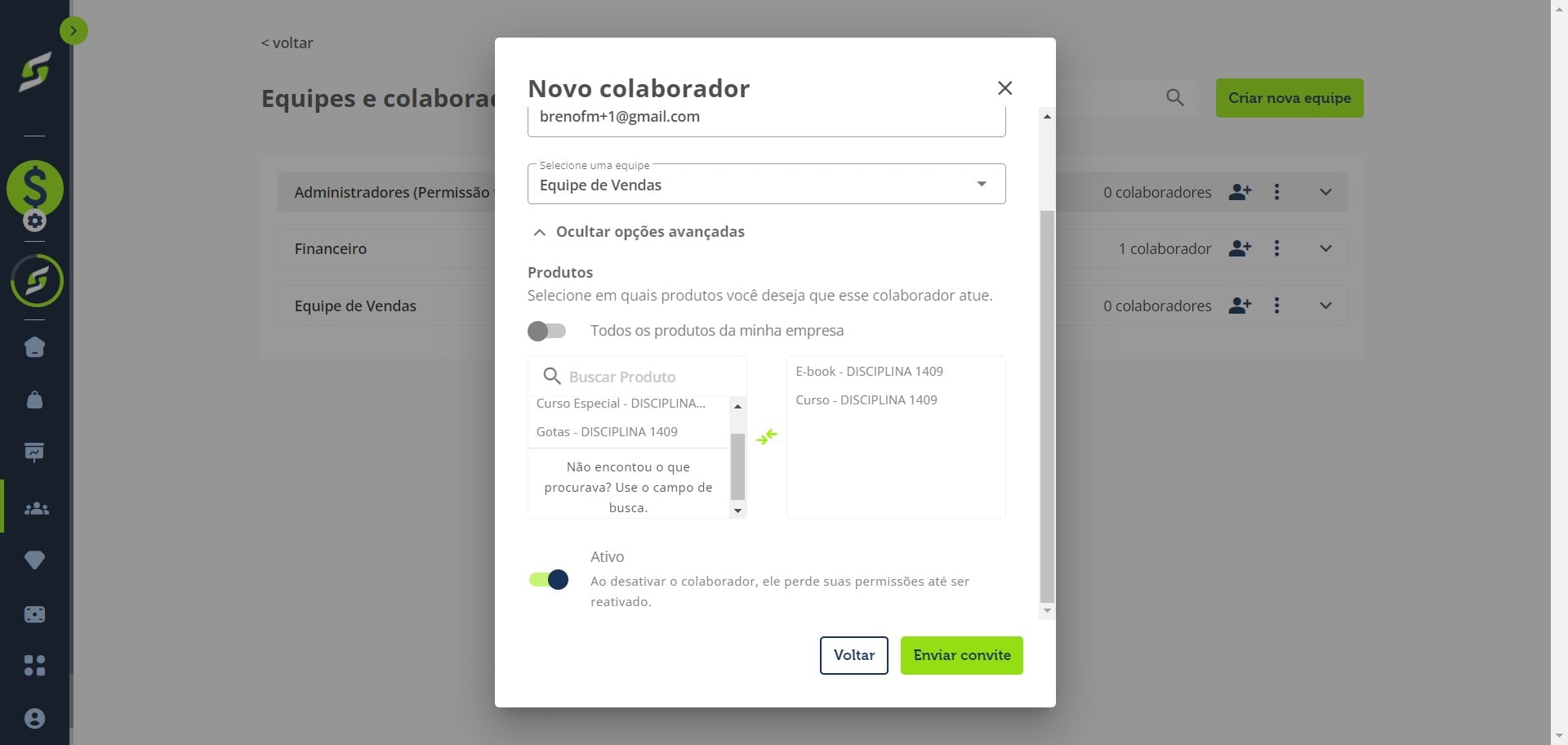 Revise as configurações e clique em "Enviar convite".