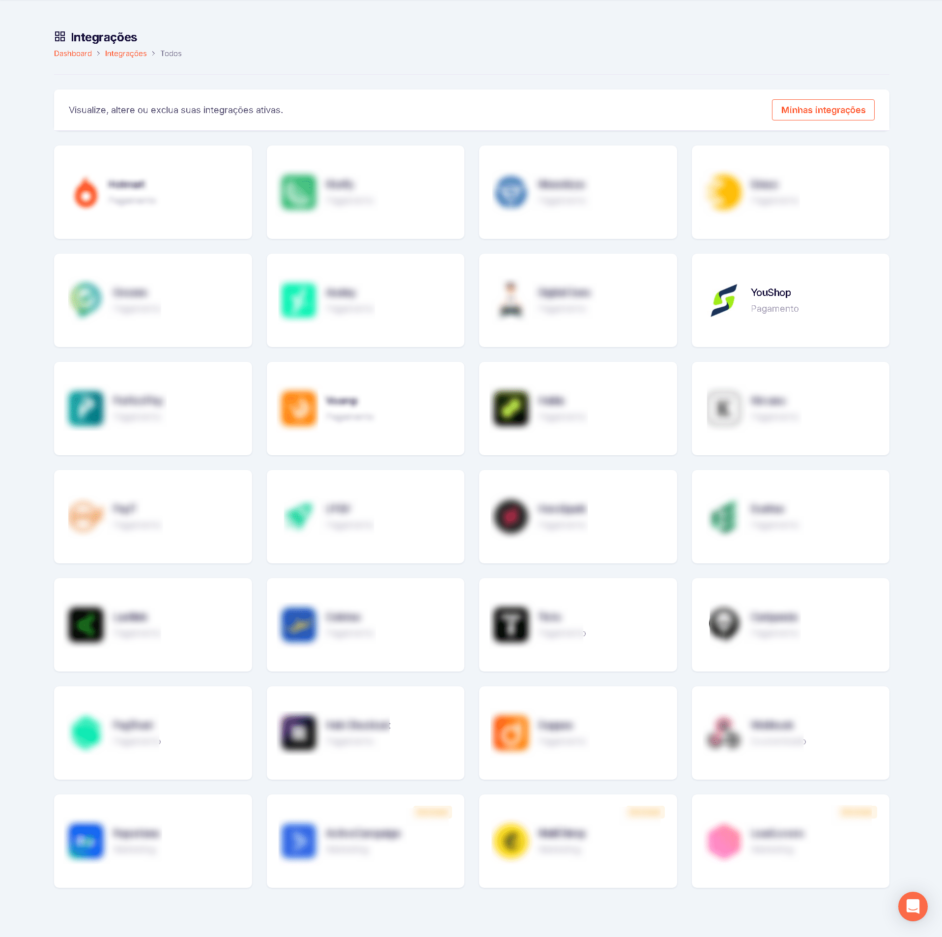 Agora, vá até as configurações no painel da Membox e clique em "YouShop" no menu de "Integrações".