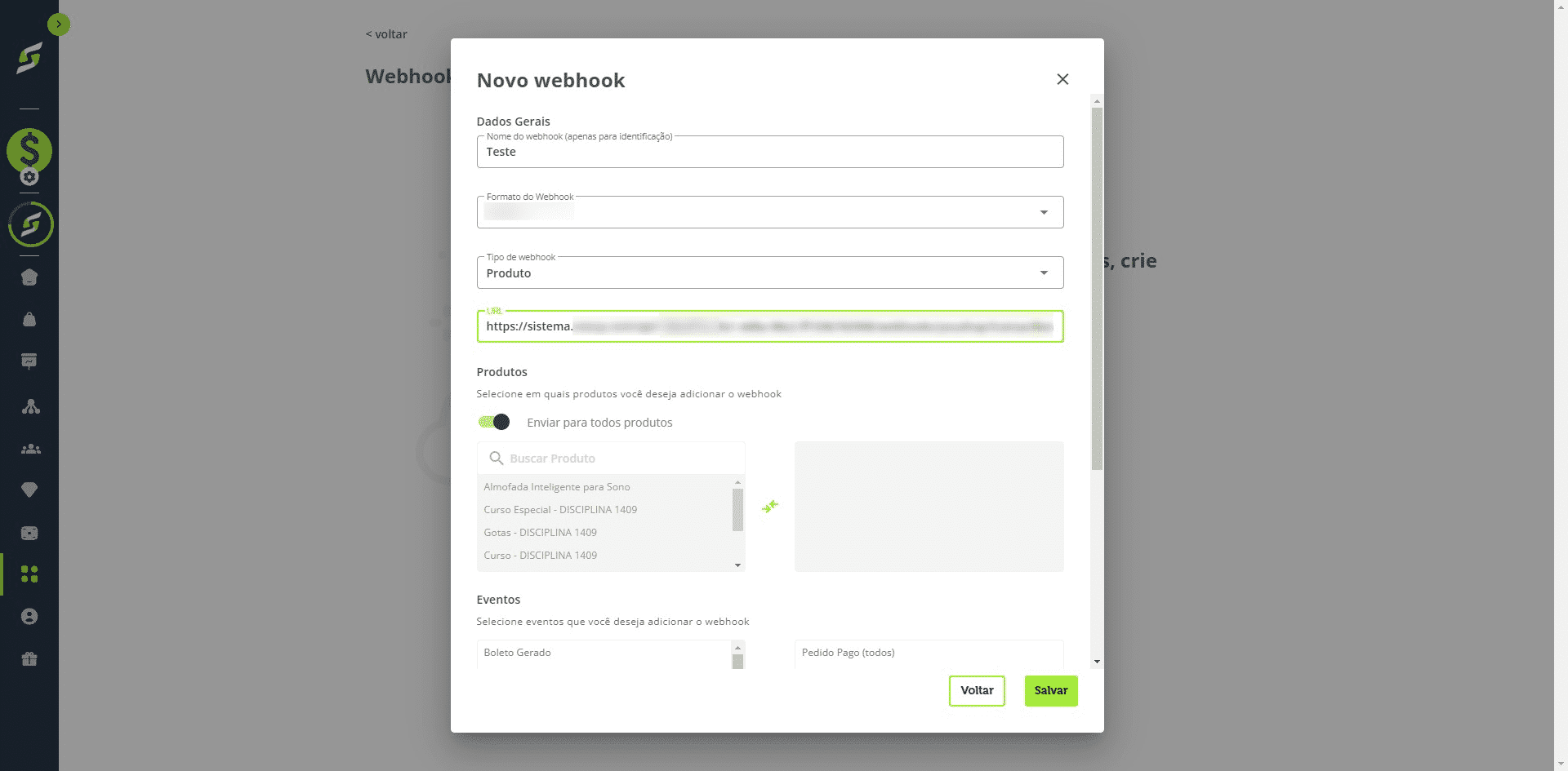 Volte para a plataforma e cole a URL no campo do webhook.