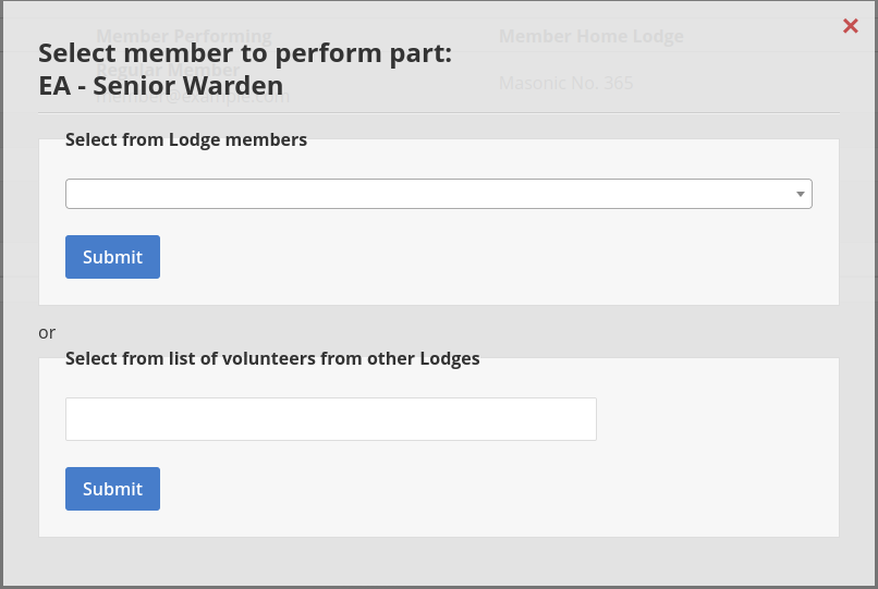 If there are members from other Lodges/Chapters that have set their distance preferences and the parts they are willing to perform, they will show up in a separate section when you click the "Select Member" button.