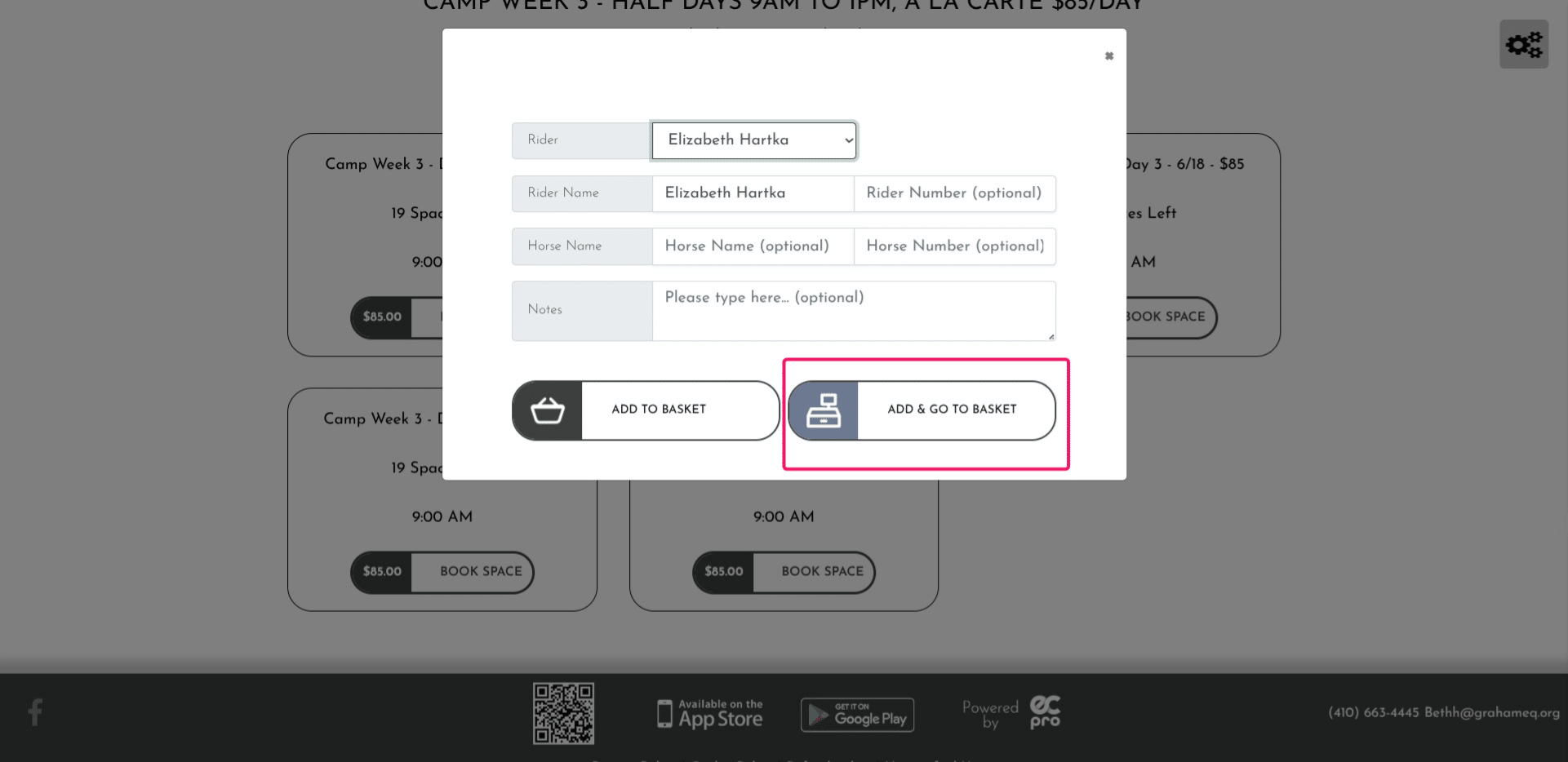 Select the rider name - please do NOT enter the other optional fields, (rider number, horse, horse number - that information is intended for shows) - then click 'Add and go to basket'