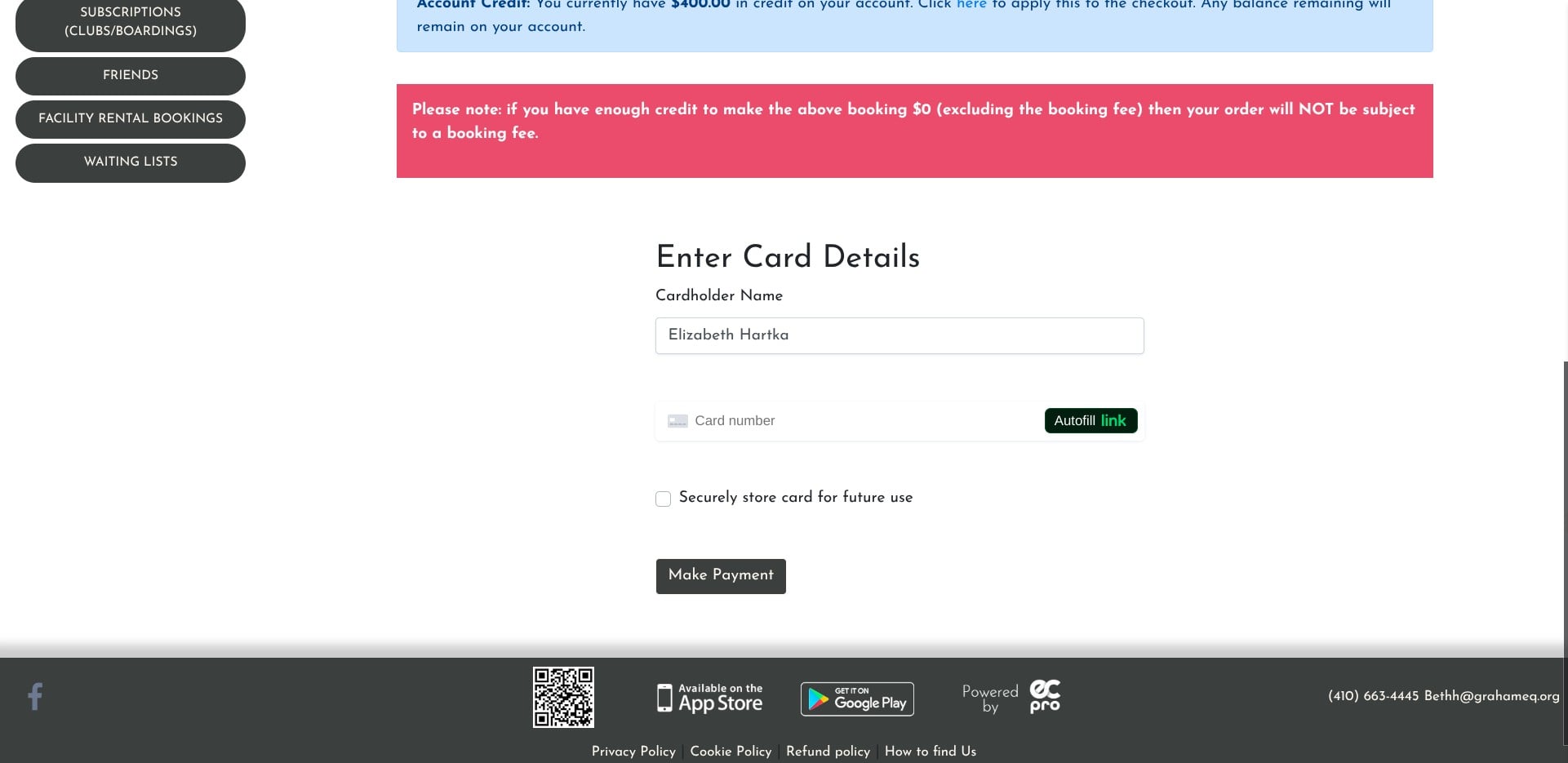 Click on "Enter Card Details", then click make payment.
If you have already entered your card information when you registered it will be prepopulated.