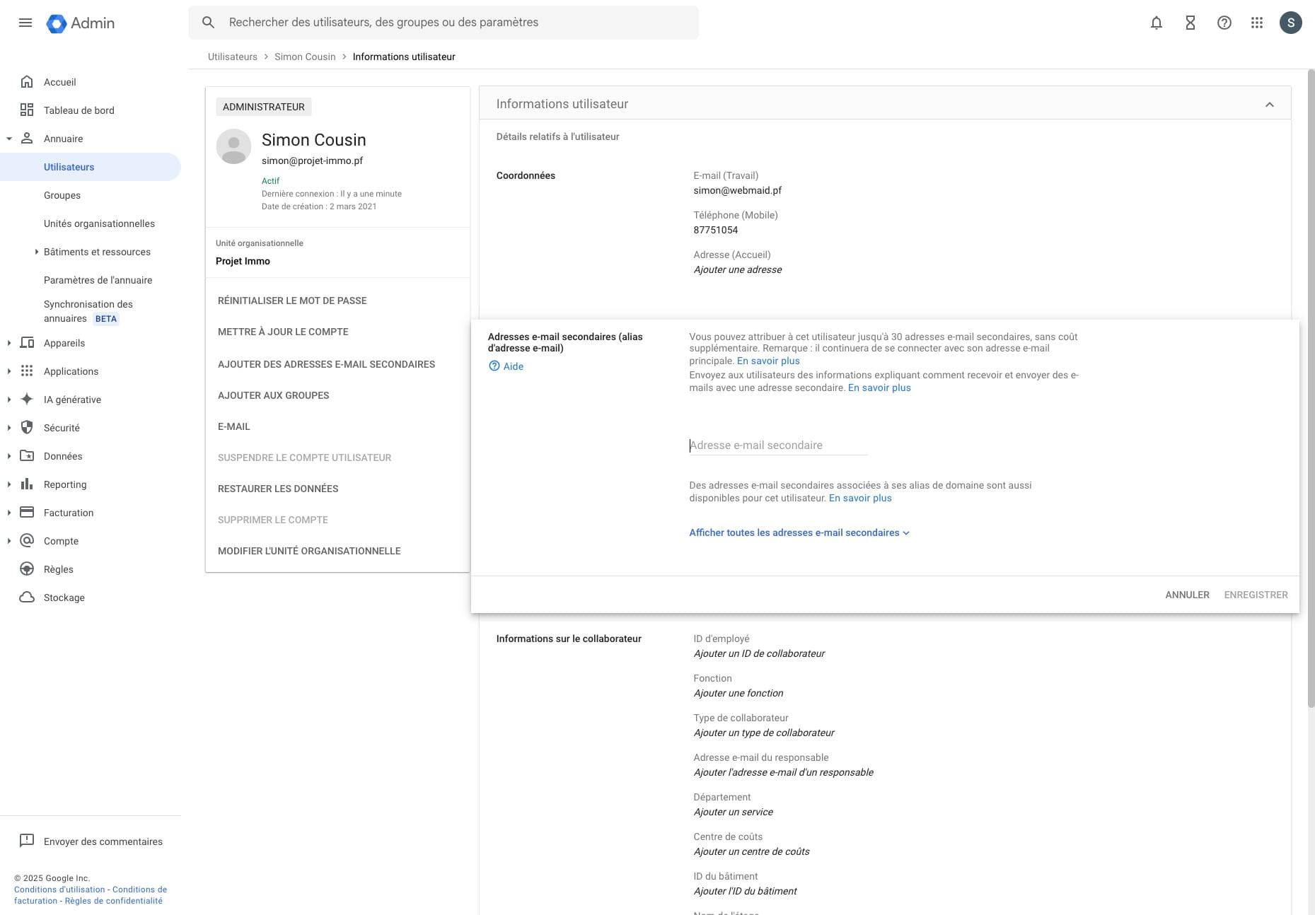 Cliquer sur le champ **Adresse e-mail secondaire**.