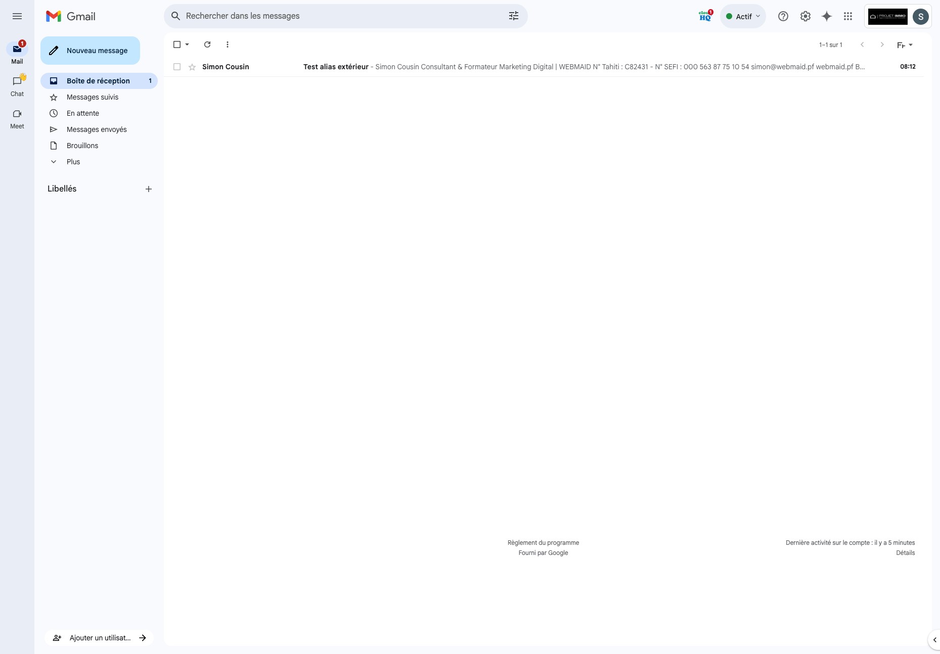 Envoyer un email à l'alias depuis un email interne et un autre depuis l'email externe à l'organisation.