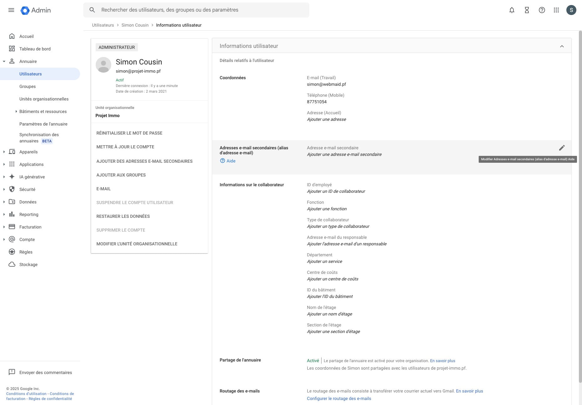 Cliquer sur l'icone du stylo dans la section **adresse e-mail secondaires (alias d'adresse e-mail)**.
