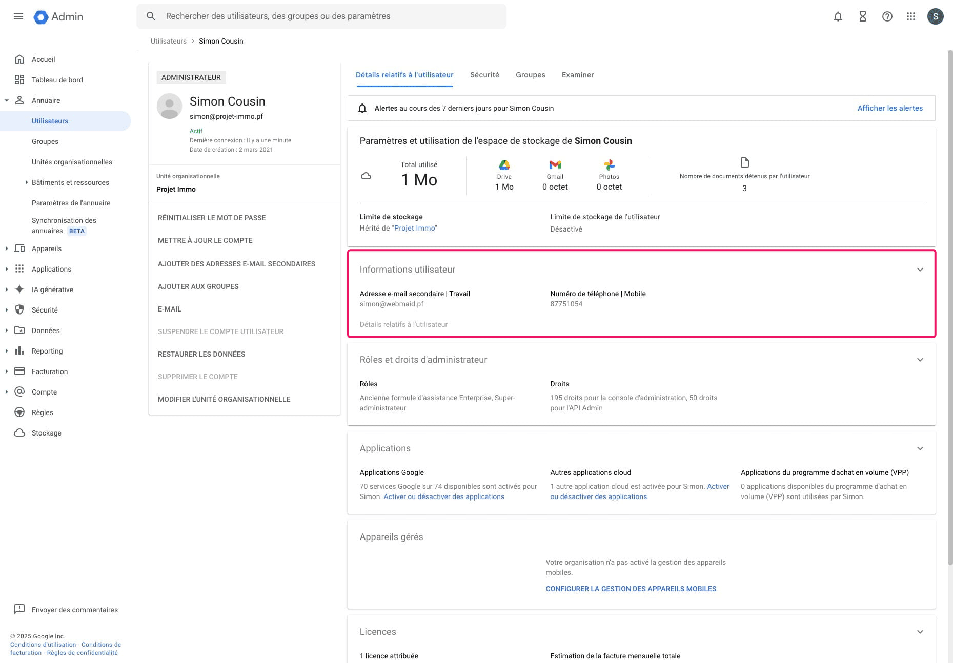 Développer la zone en cliquant sur la flêche dans la section **Informations Utilisateur.**