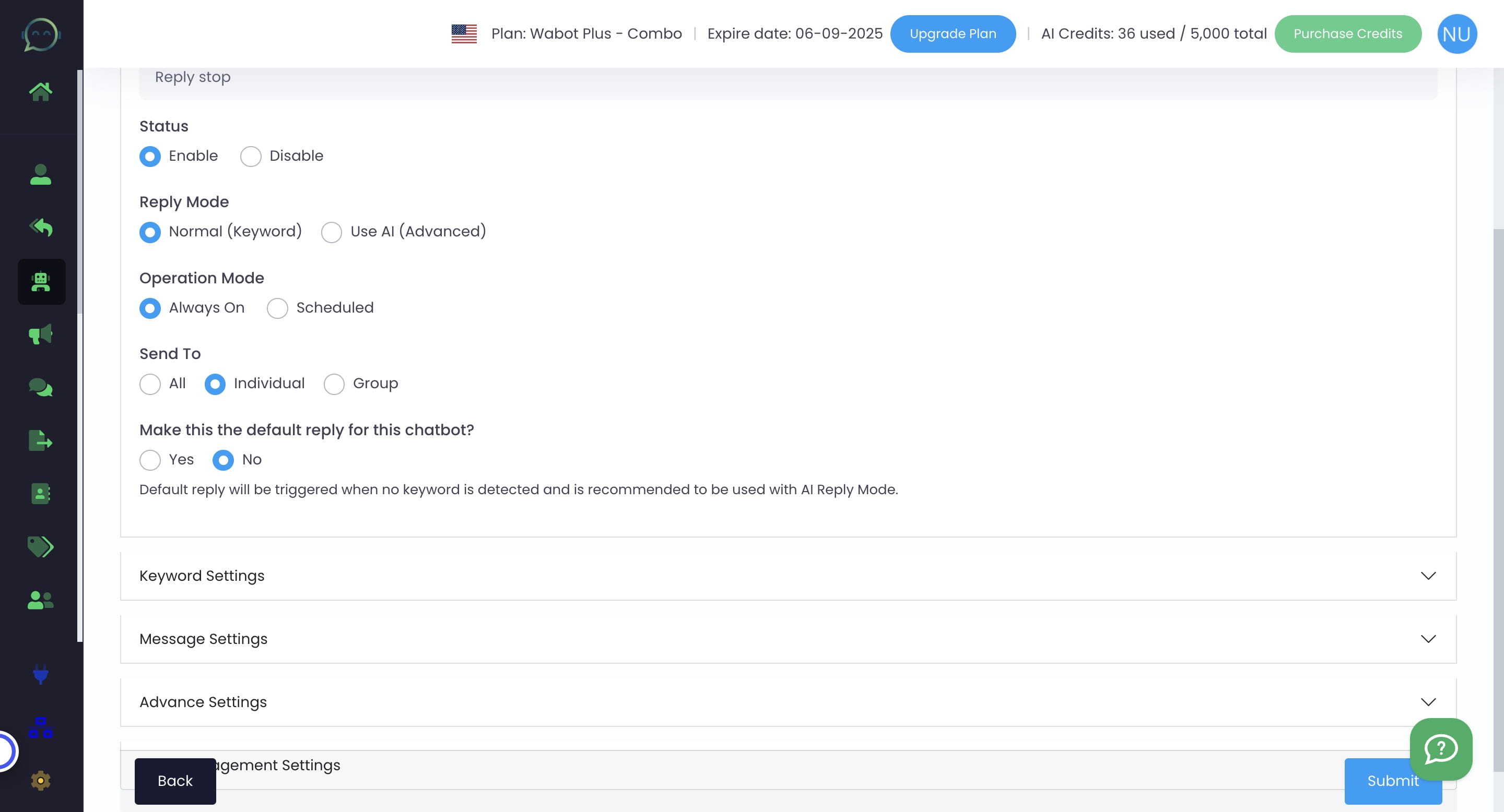 Click on "Keyword Settings"
