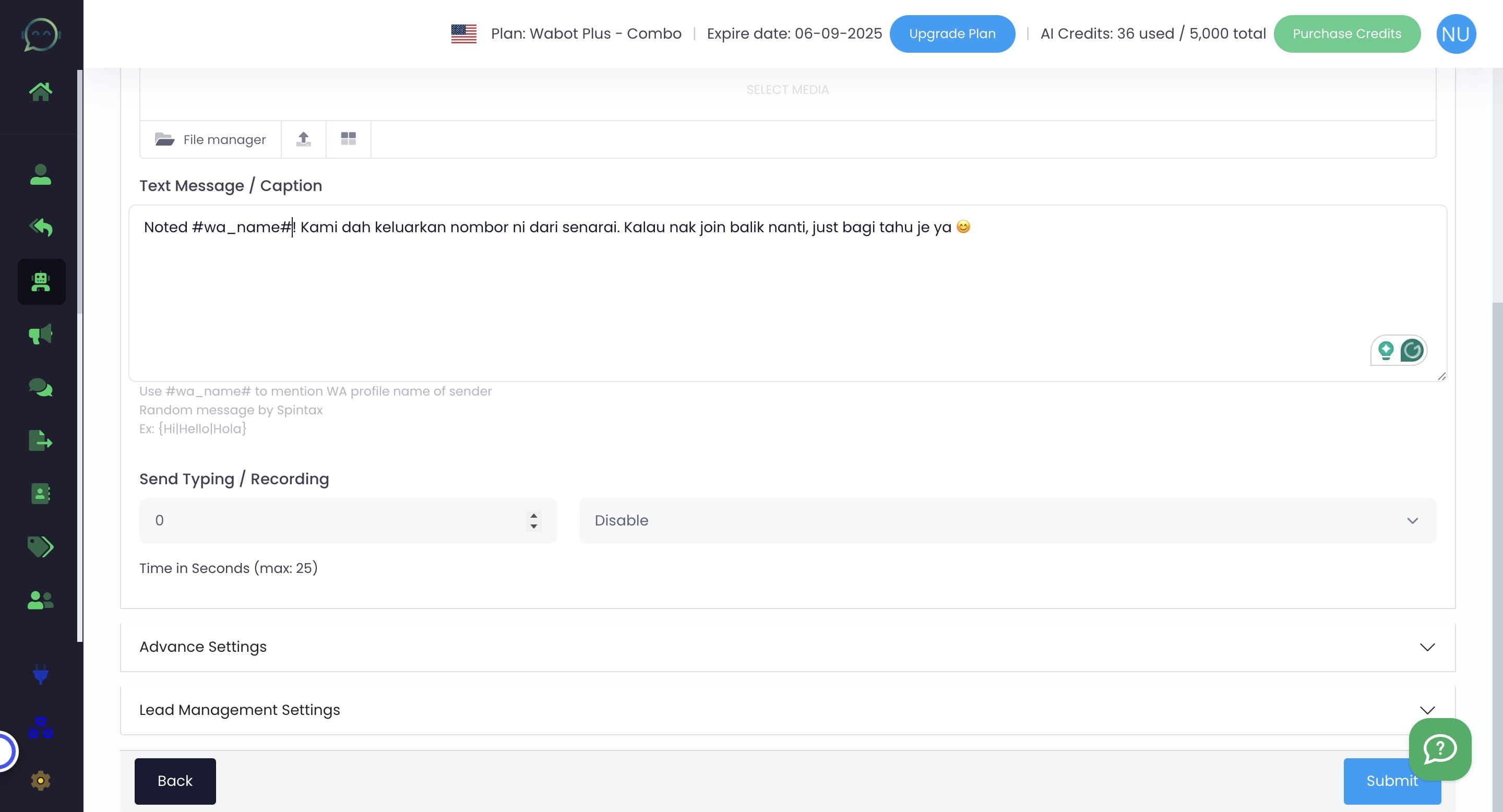 Click on "Use #wa_name# to mention WA profile name of sender"