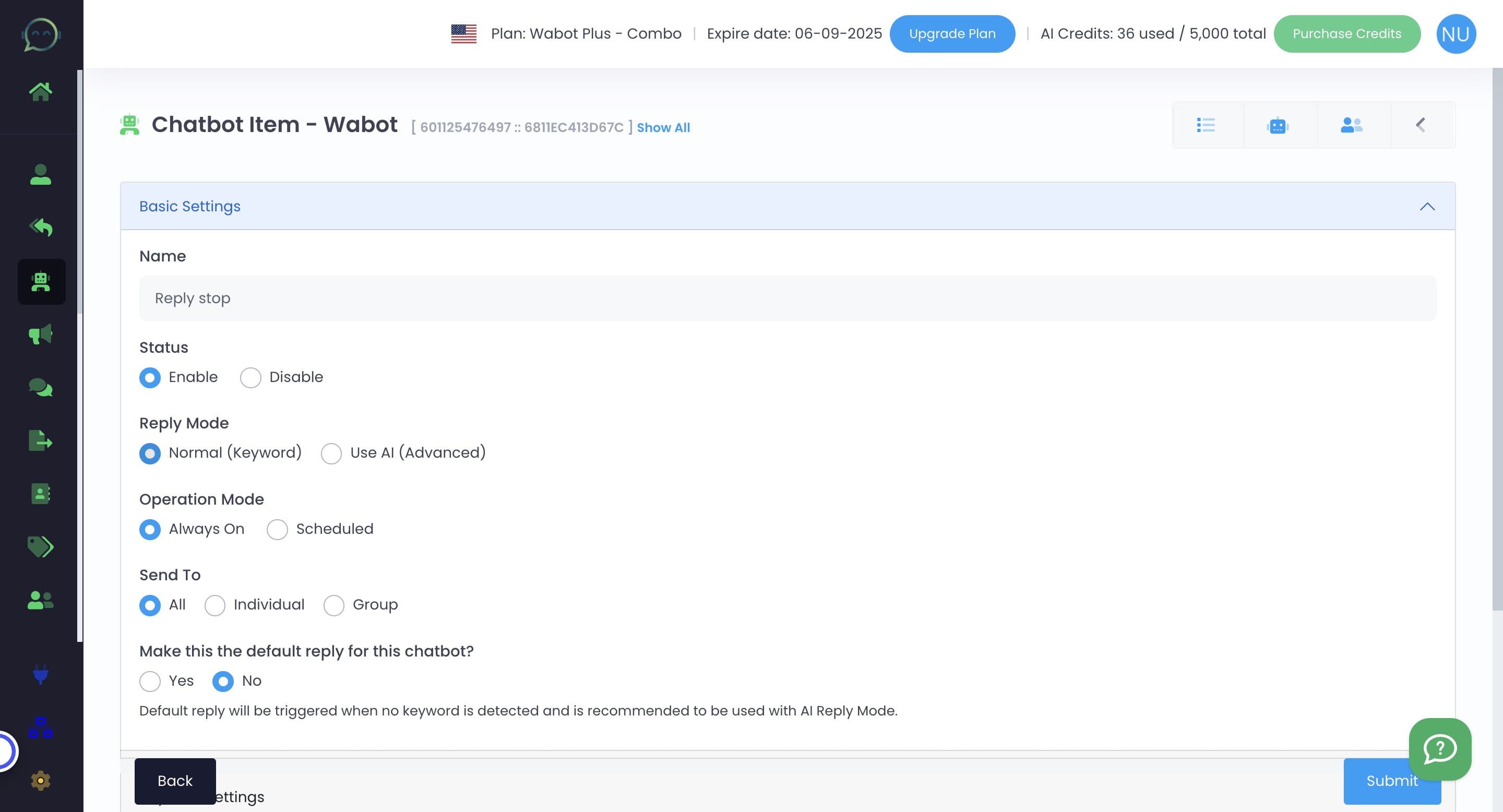 Choose normal keyword as this is for chatbot keyword-based only