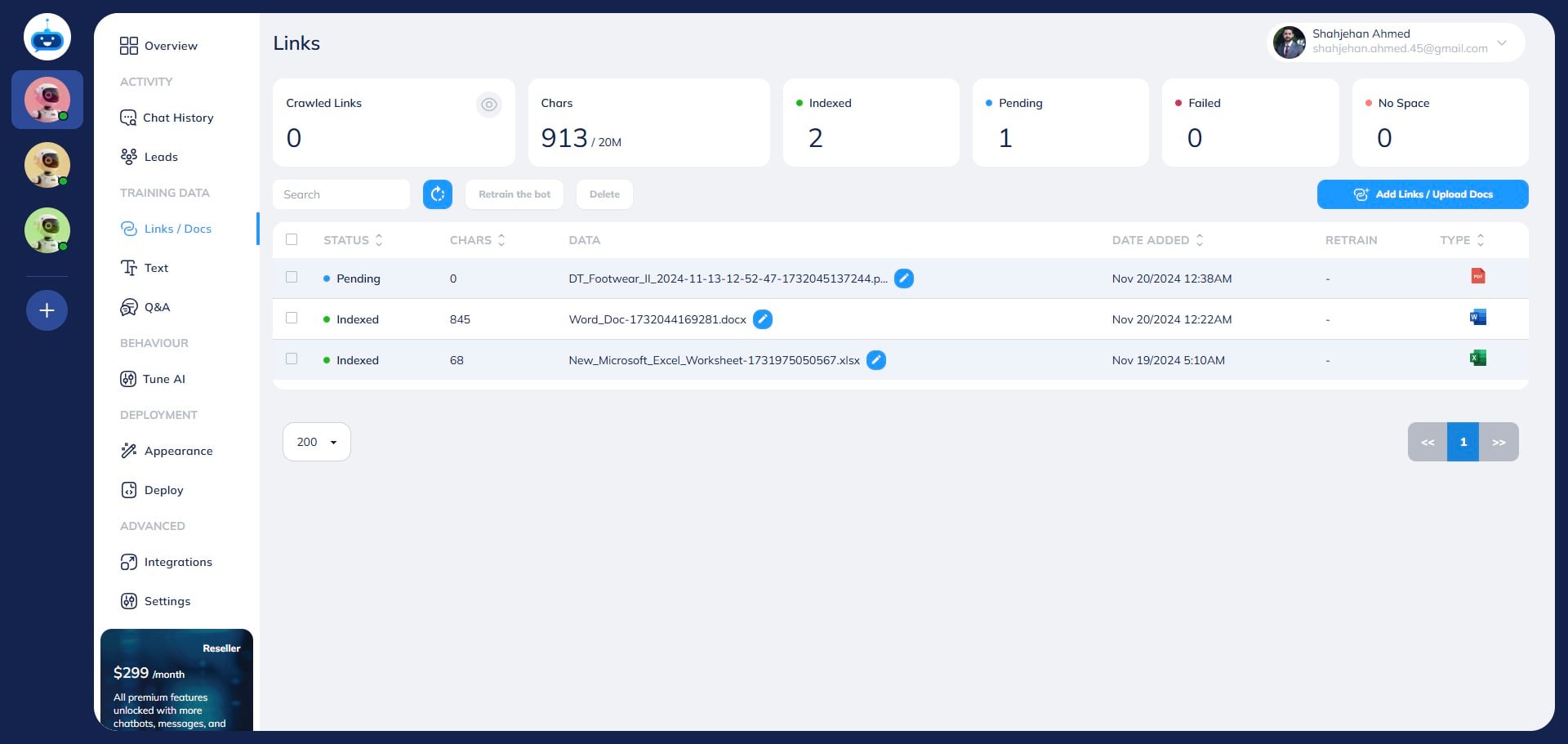 You will see the pending Status while the chatbot is indexing your file.