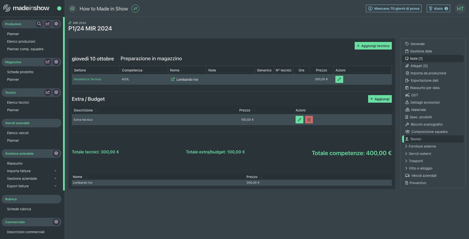 Visualizzazione costo extra/budget all'interno della produzione in questione
