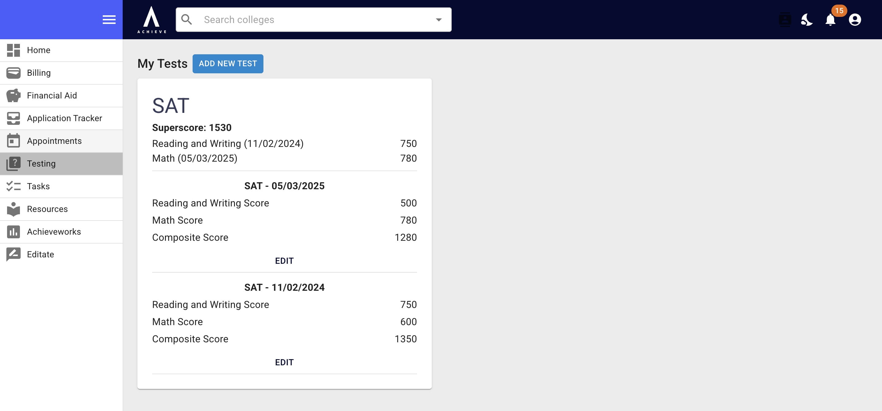 **Testing** is where students will see the full score breakdowns for all tests & add more. 
