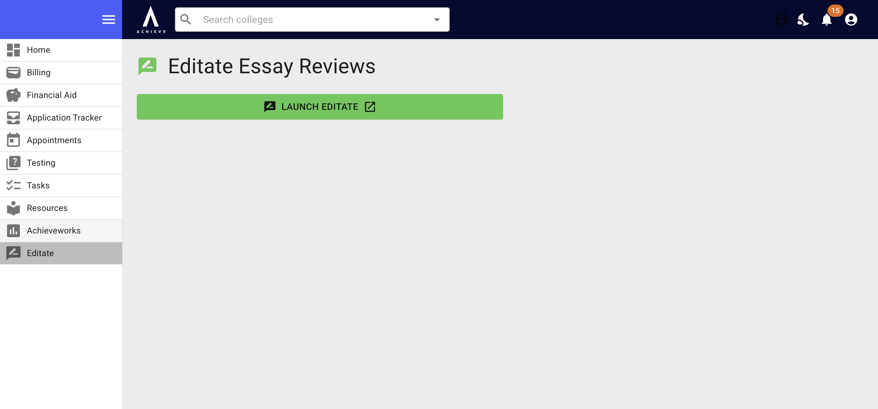 On the left-hand side is a navigation menu. At the bottom, is **Editate**, which is an essay review service advisors choose if they want to utilize with their students. 