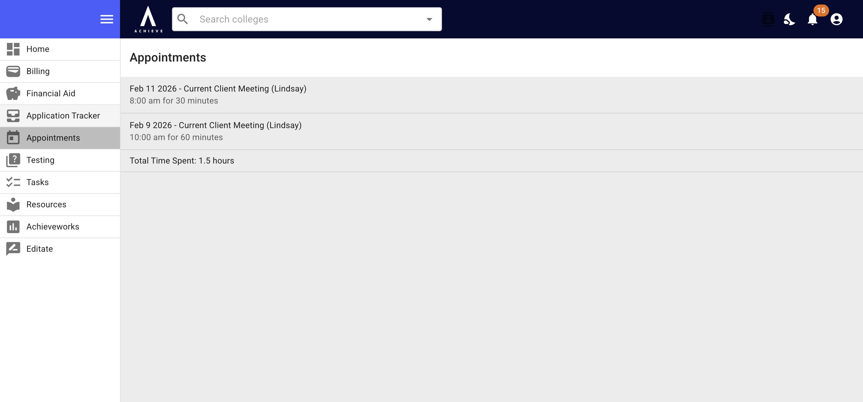 Under the **Appointments** section, students can see all previous & upcoming meetings with their advisor. This information is coming from Acuity or Calendly.