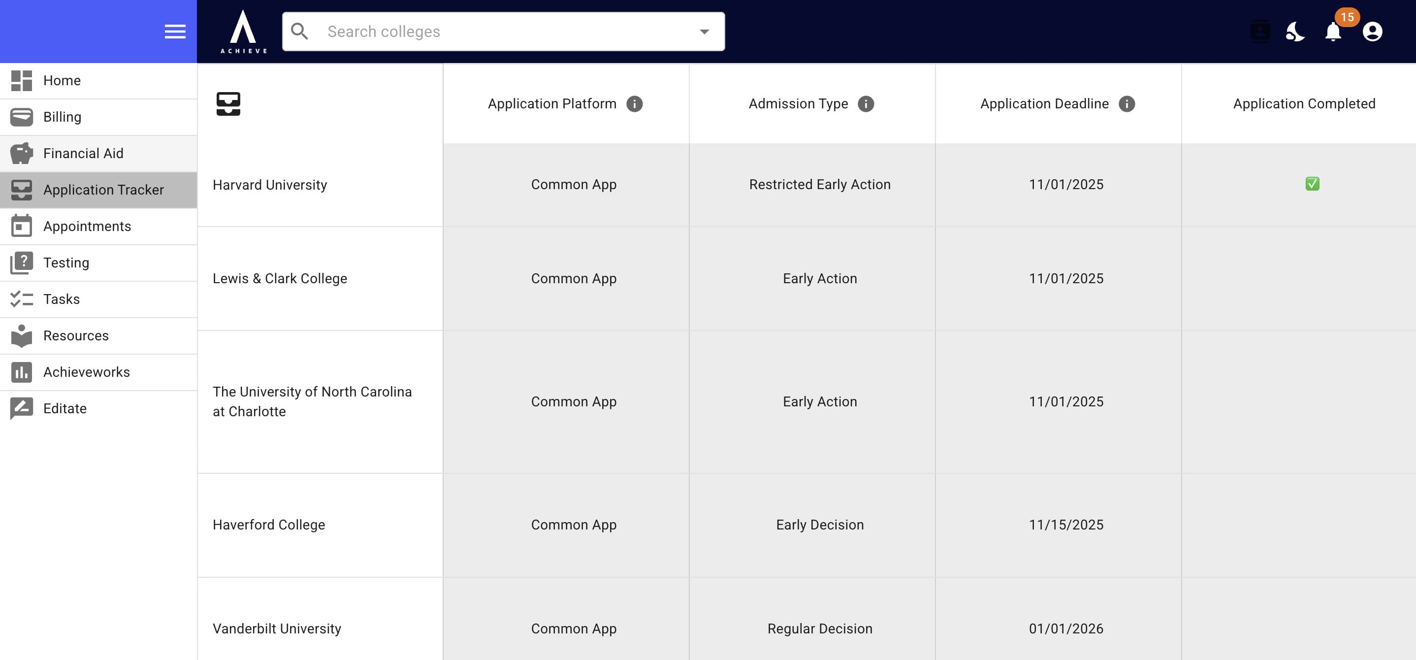 **Application Tracker** allows students to see all of the applicable college deadline & requirements.