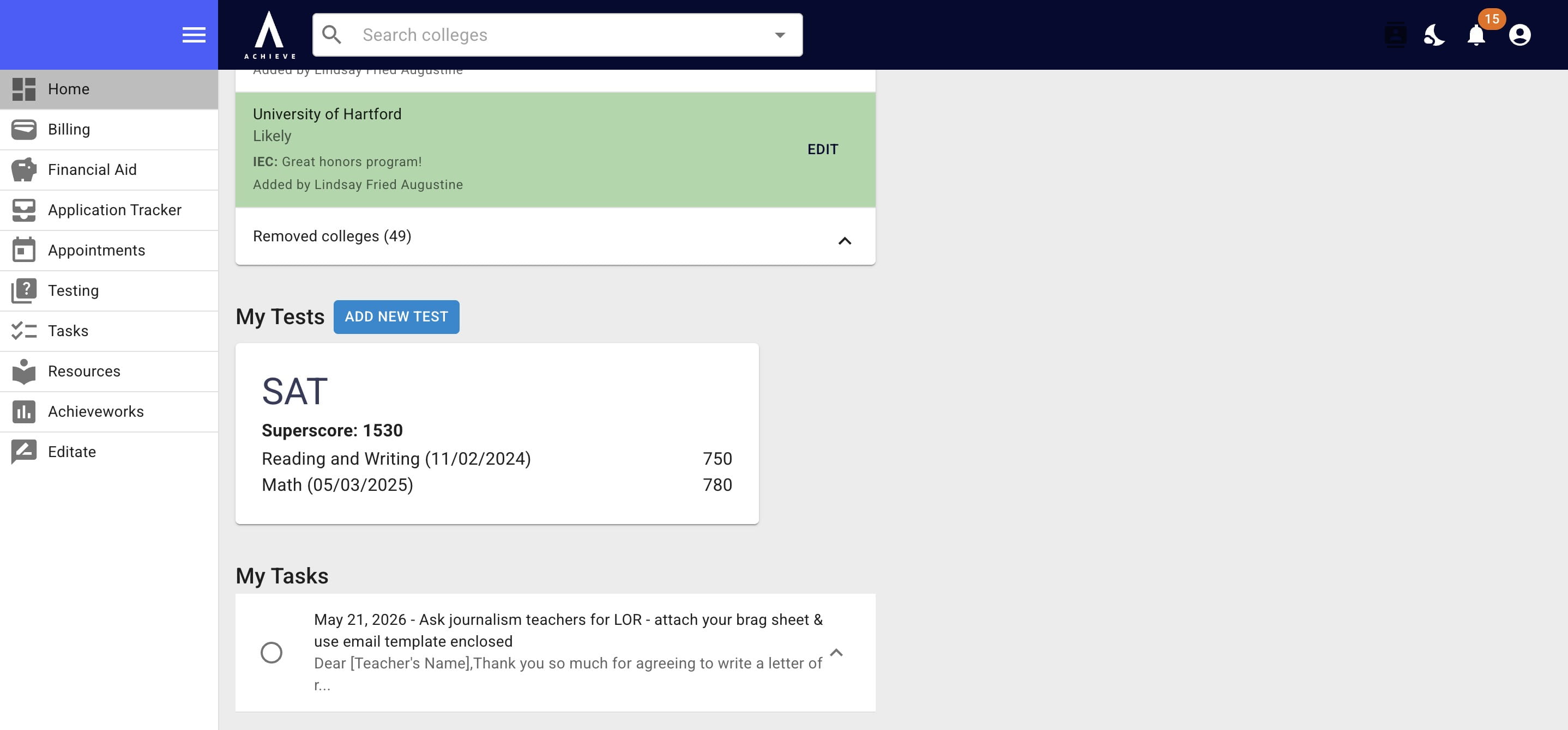 At the very bottom of the dashboard are the student's **incomplete tasks.** To mark a task as complete click on the circle to the right of the task. 