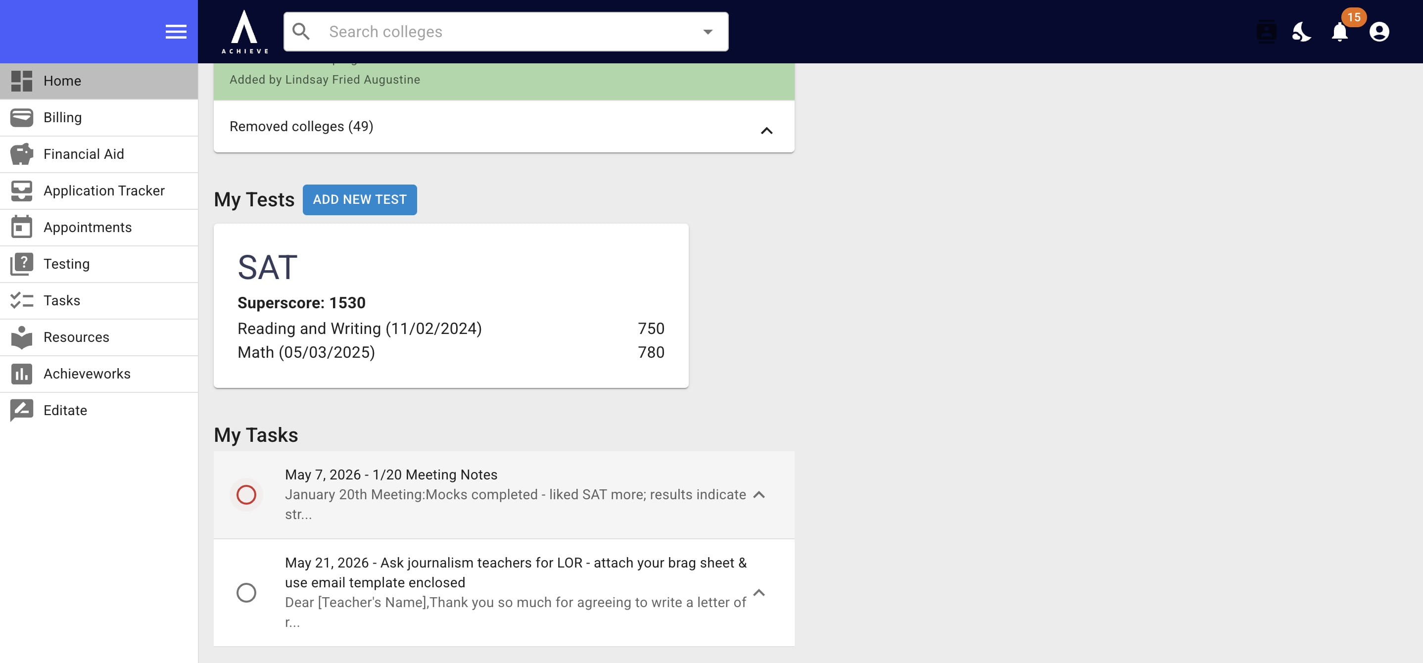 Towards the bottom of the dashboard are any **superscores** that have been added & the ability to add more scores.