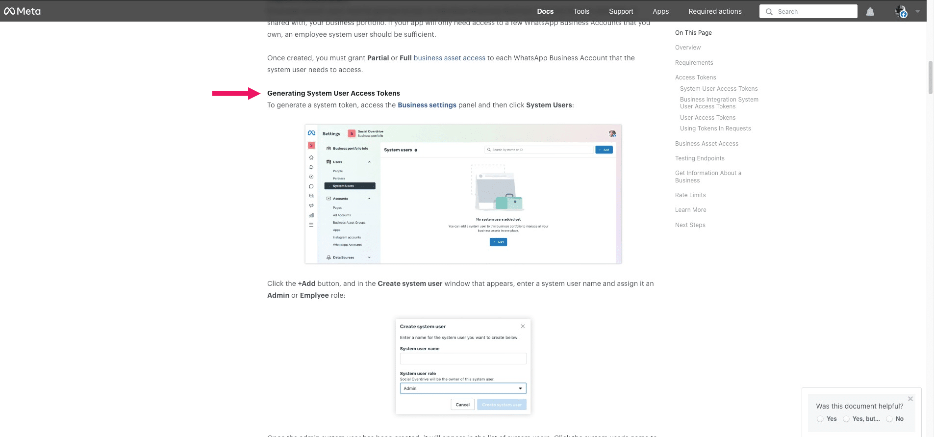 Scroll to "Generating System User Access Tokens" to understand the steps for obtaining your Access Token. The following steps will guide you in creating a **System User** in Meta Business Portfolio to generate an **Access Token** that never expires.