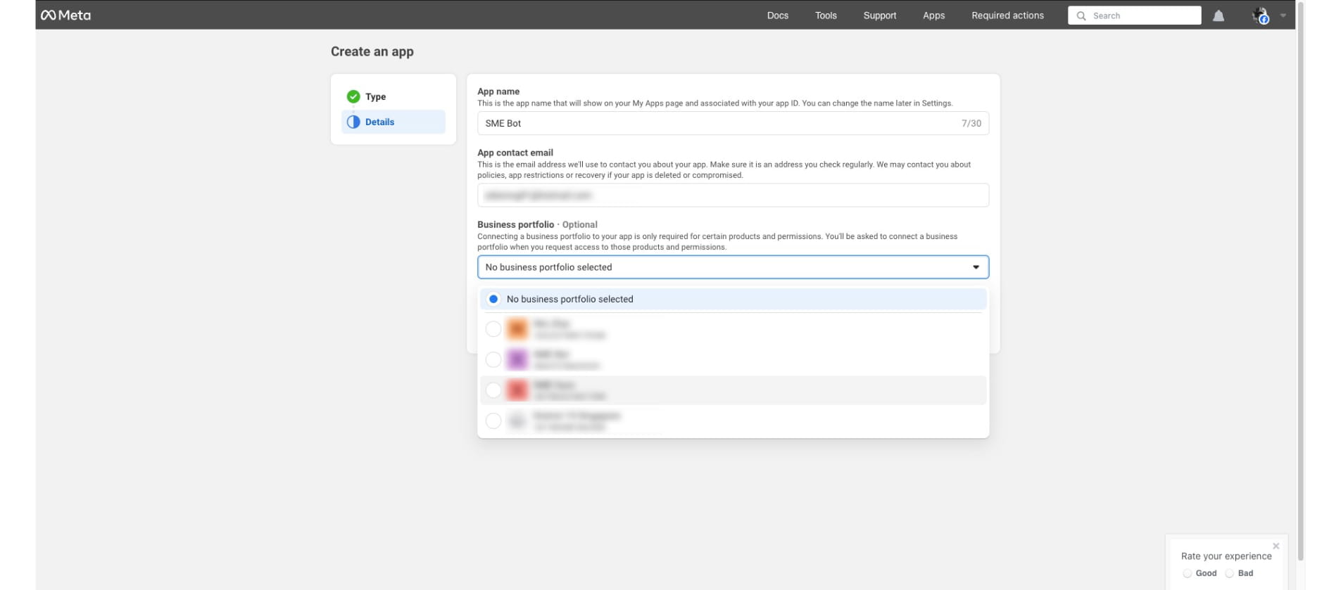 Click the dropdown under "Business Portfolio" to associate your app with the intended business portfolio.