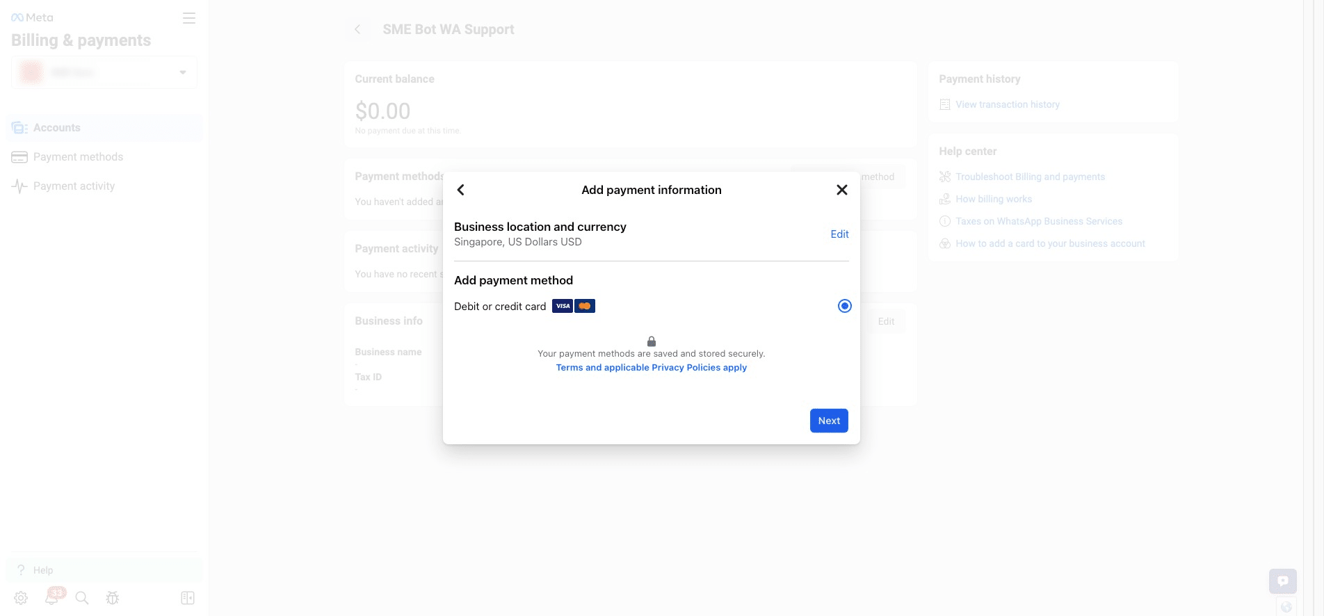 Click "Next" to enter your Debit or Credit Card Details.