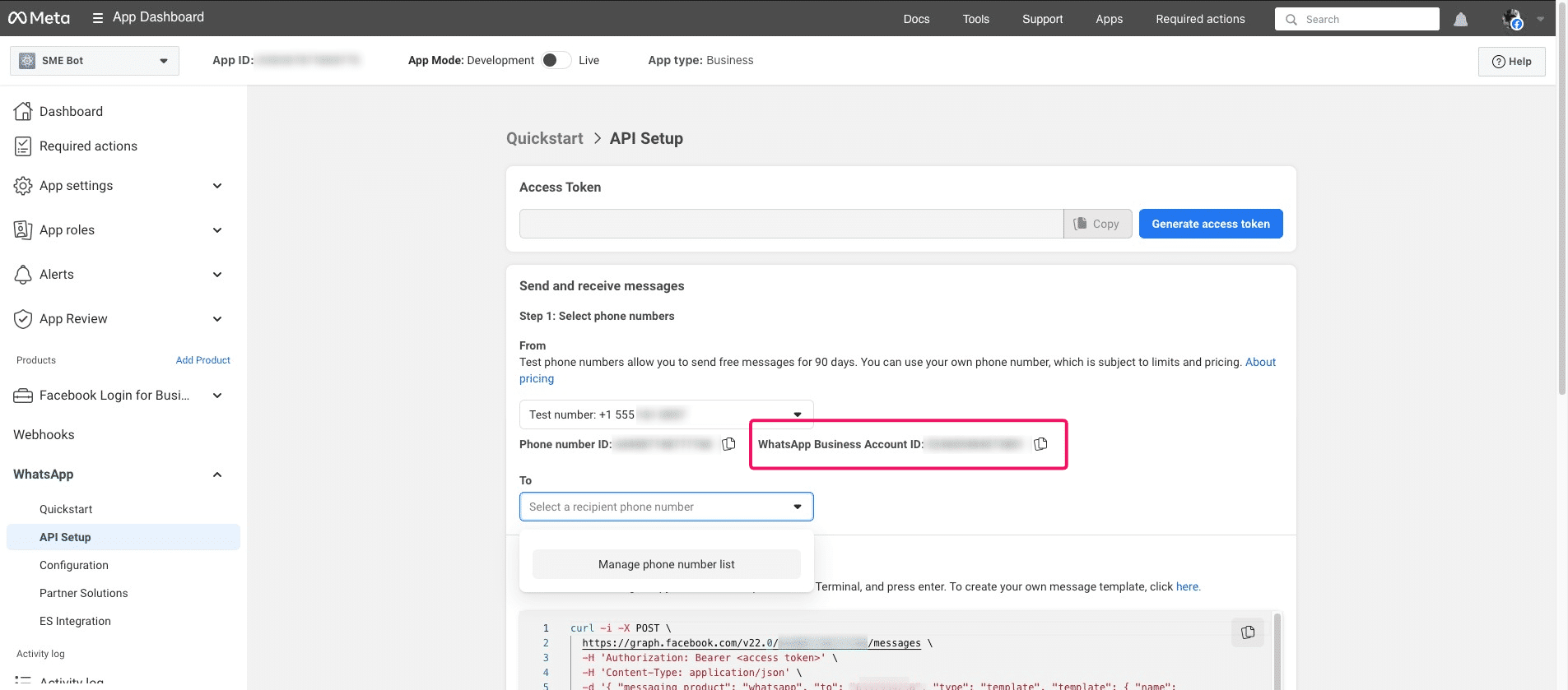 To get your WhatsApp Business Account (WABA) ID, go to [Facebook Developers](https://developers.facebook.com/apps), copy the WABA ID, and paste it into your SME Bot.