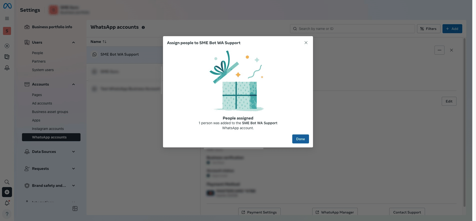 You have successfully assigned the System User to this WhatsApp account. Click "Done" to complete the process.