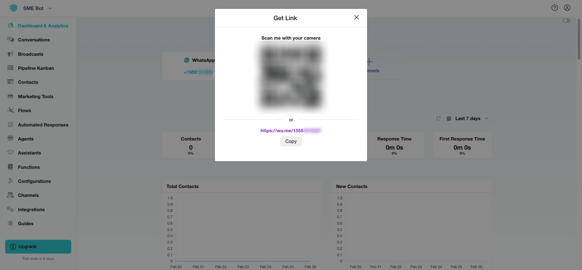 A pop-up will appear, allowing you to copy the link or scan the QR Code to initiate a chat with the WhatsApp number.