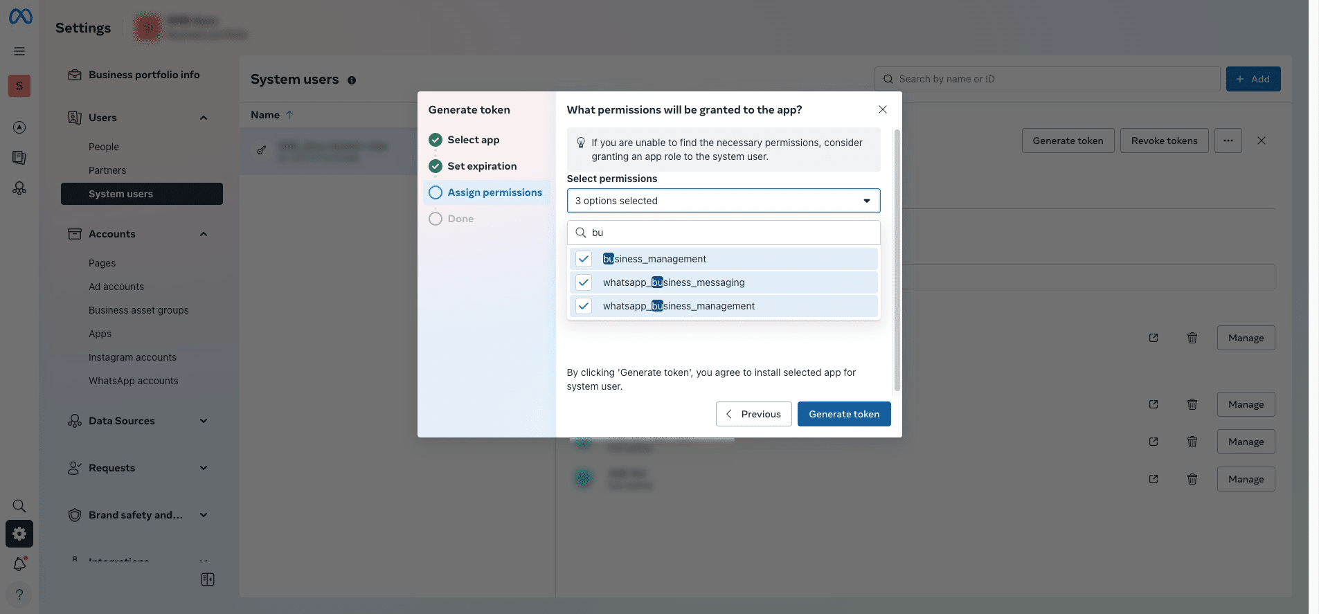 Assign and grant these permissions: "business_management", "whatsapp_business_messaging", and "whatsapp_business_management". Then click "Generate token".