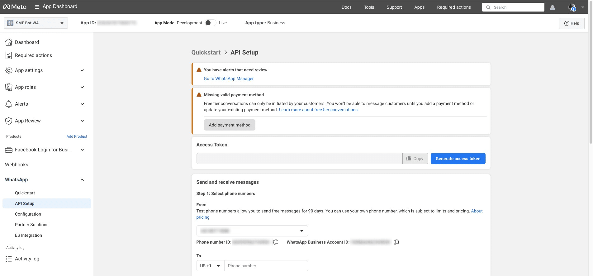Click "Go to WhatsApp Manager", and it will take you to the [Meta Business Portfolio](https://business.facebook.com/latest/whatsapp_manager/overview/) to add a valid payment method.
