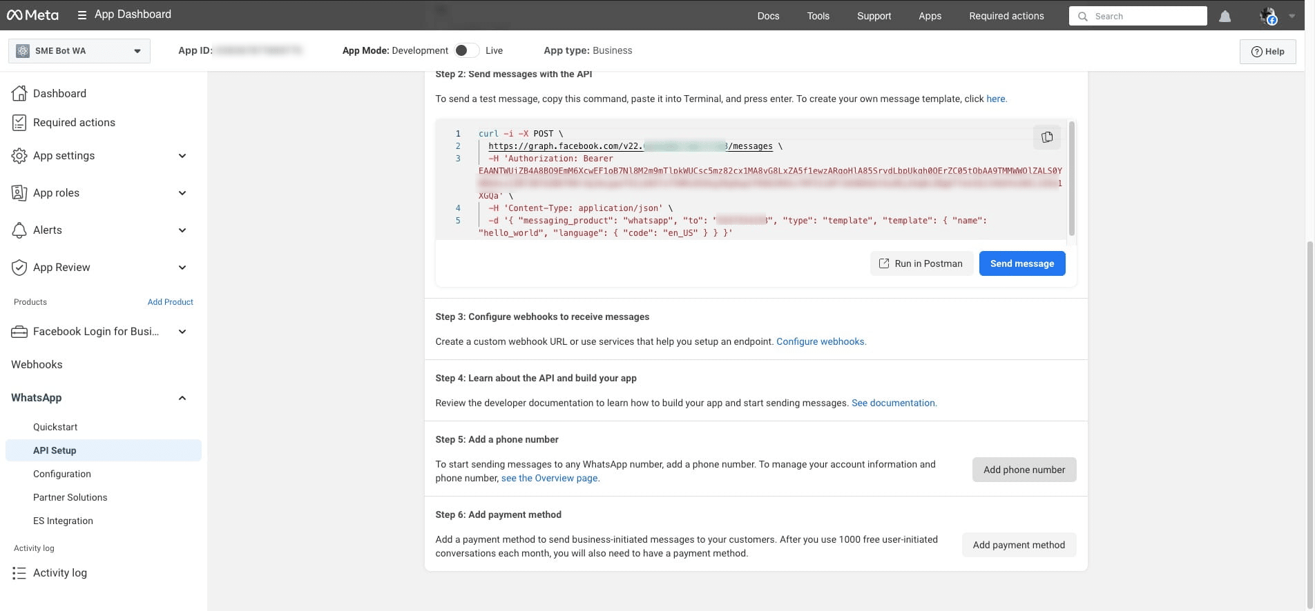 Next, switch to a personal number. Go to [Facebook Developers]( https://developers.facebook.com/apps). Under WhatsApp API Setup, click "Add phone number" and a pop-up will appear, allowing you to create your WhatsApp Business Profile.