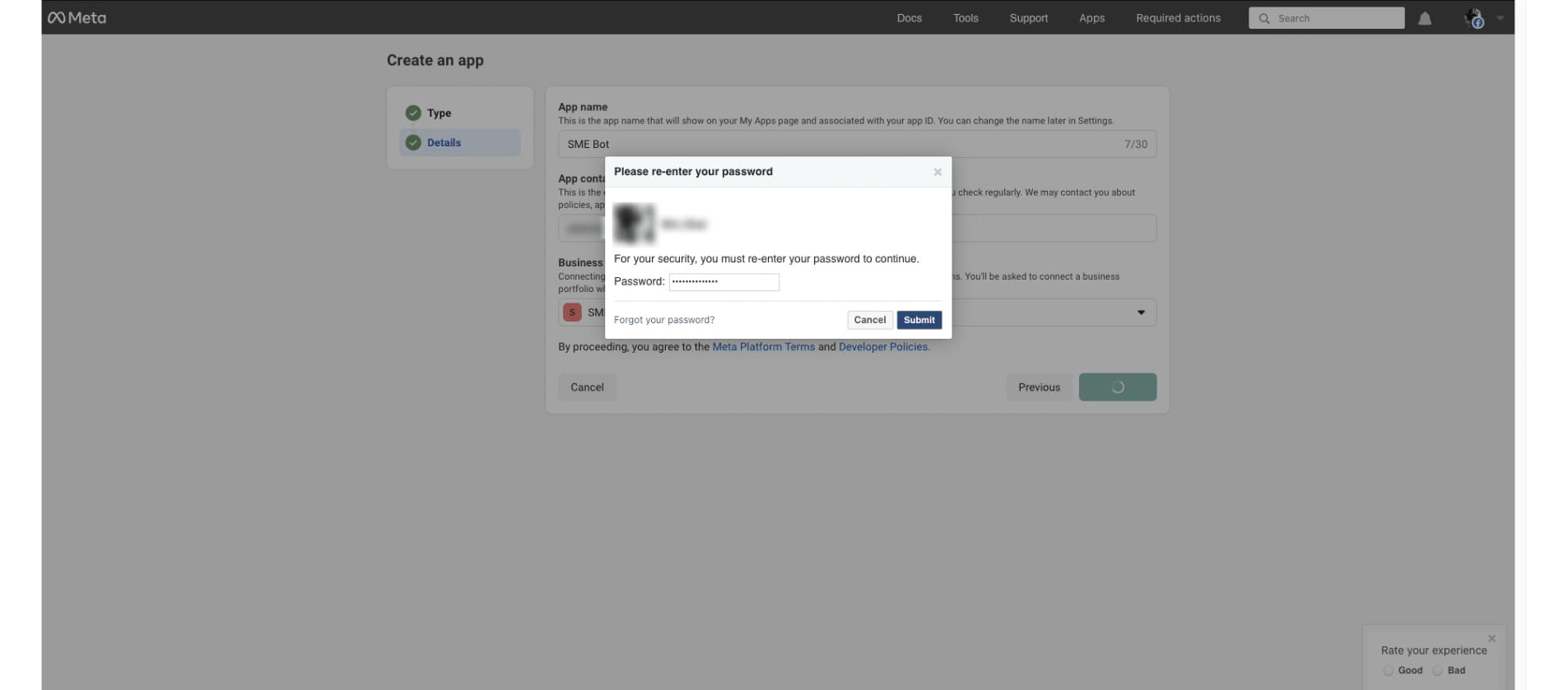 Re-enter your password and click "Submit"